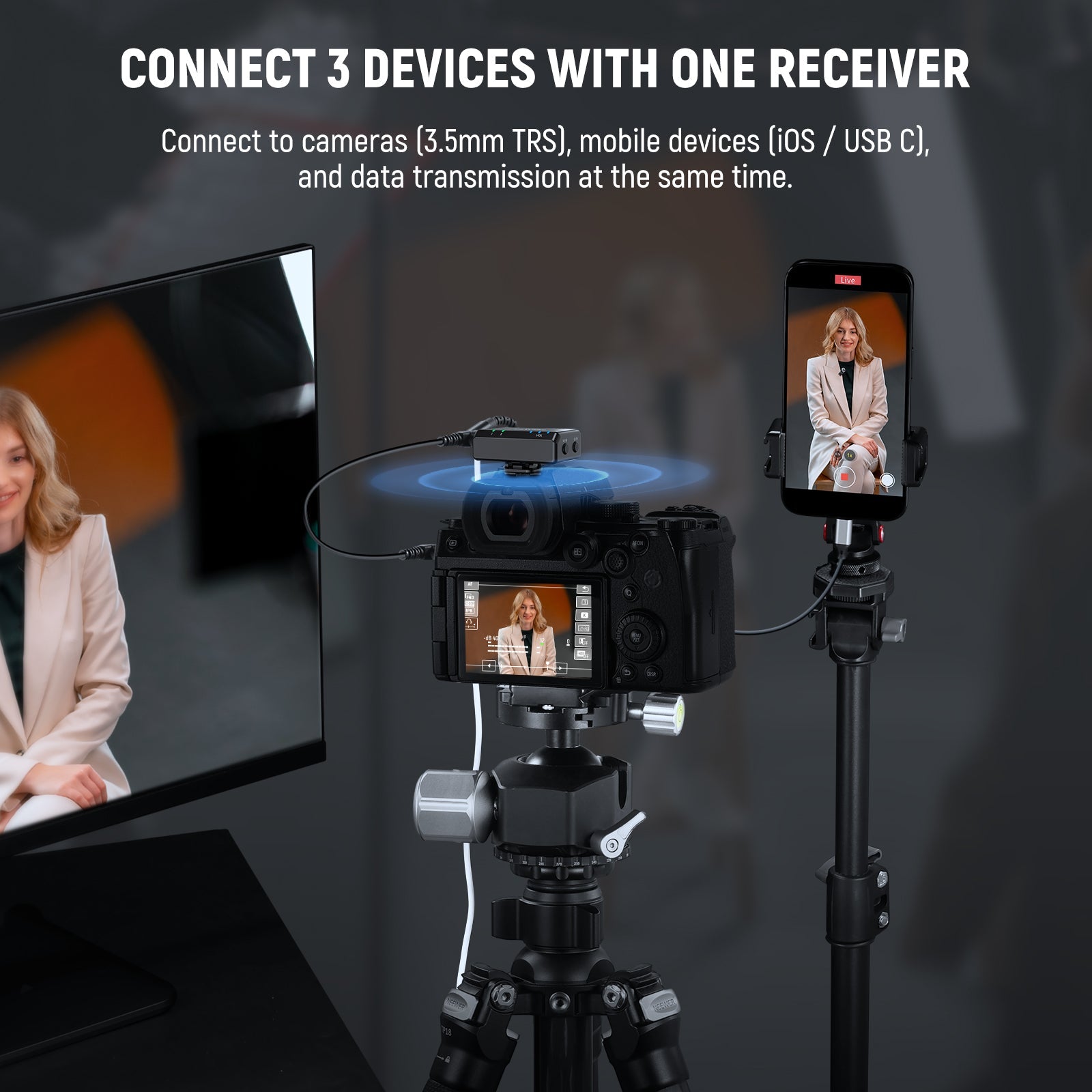 NEEWER CM29 Wireless Lapel Lavalier Microphone System supports to connect 3 devices at the same time.