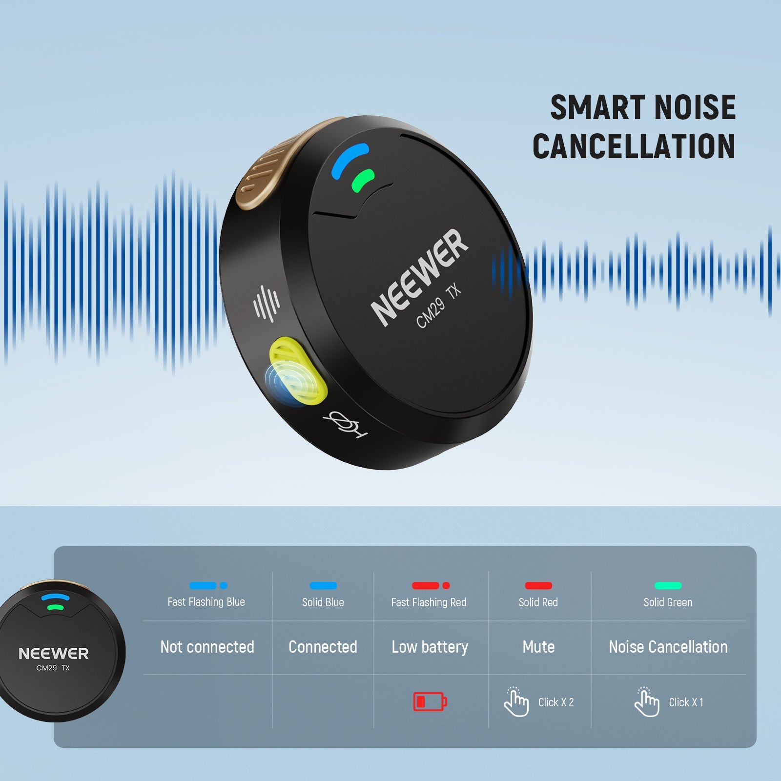 20dB mic noise cancellation with one click for clean recording.