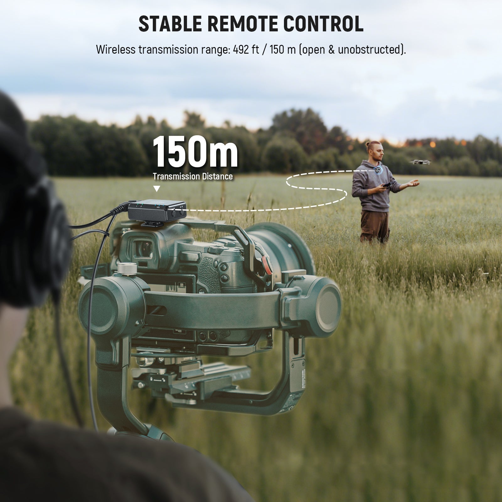 2.4G wireless technology ensures a 492ft/150m stable transmission range with 27ms low latency in open areas