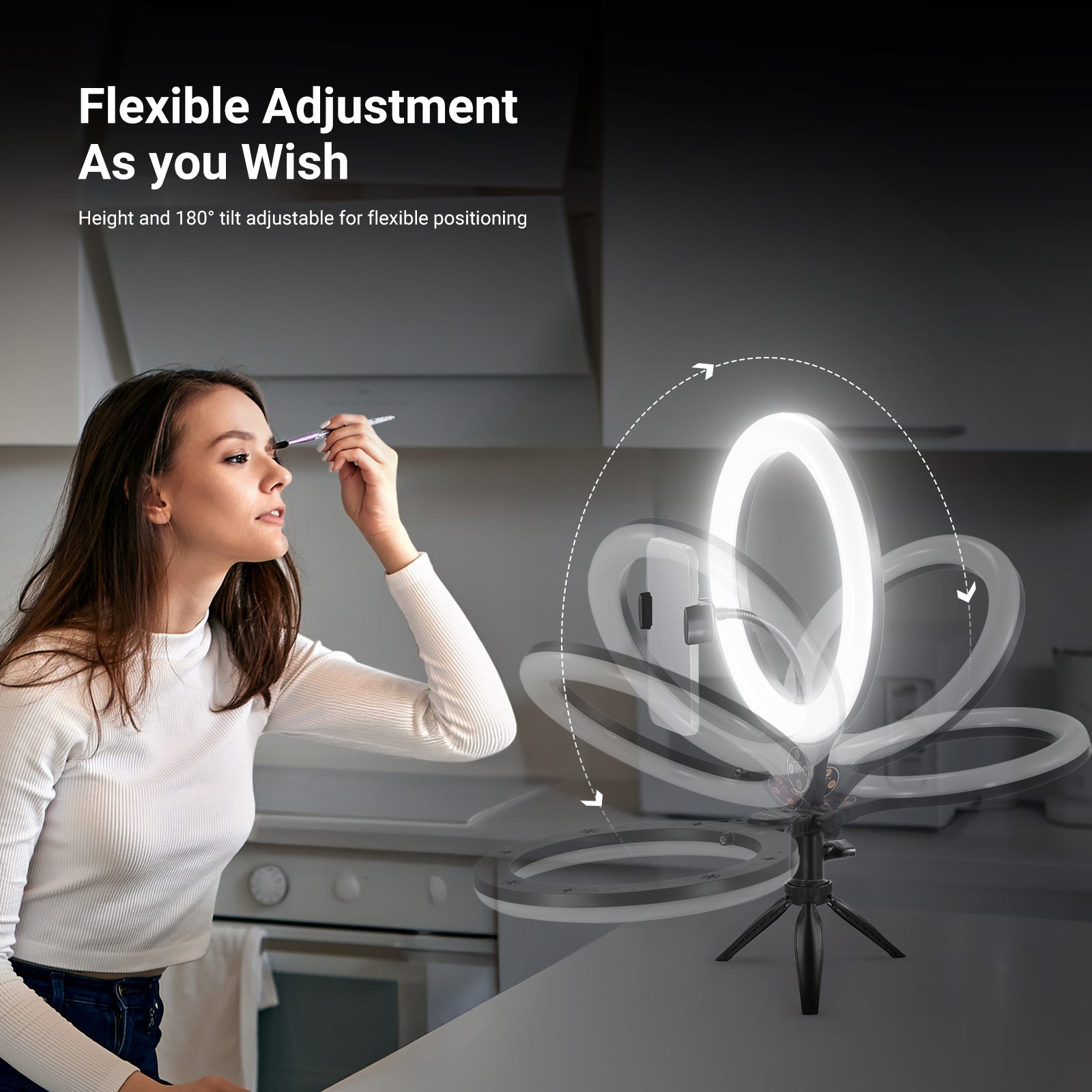 The nonslip mini table tripod stand stably holds the desk circle selfie ring light