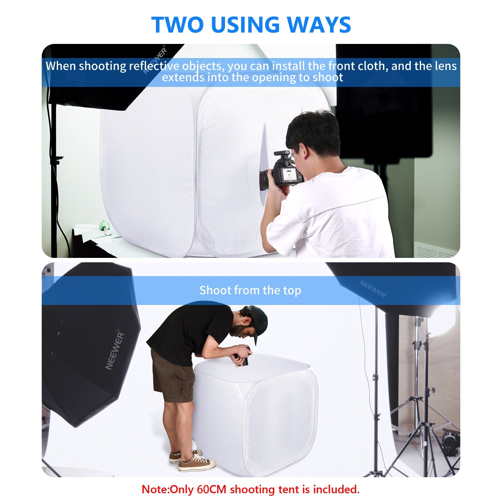 When shooting reflective objects, you can install the front cloth, and the lens extends into the opening to shoot.