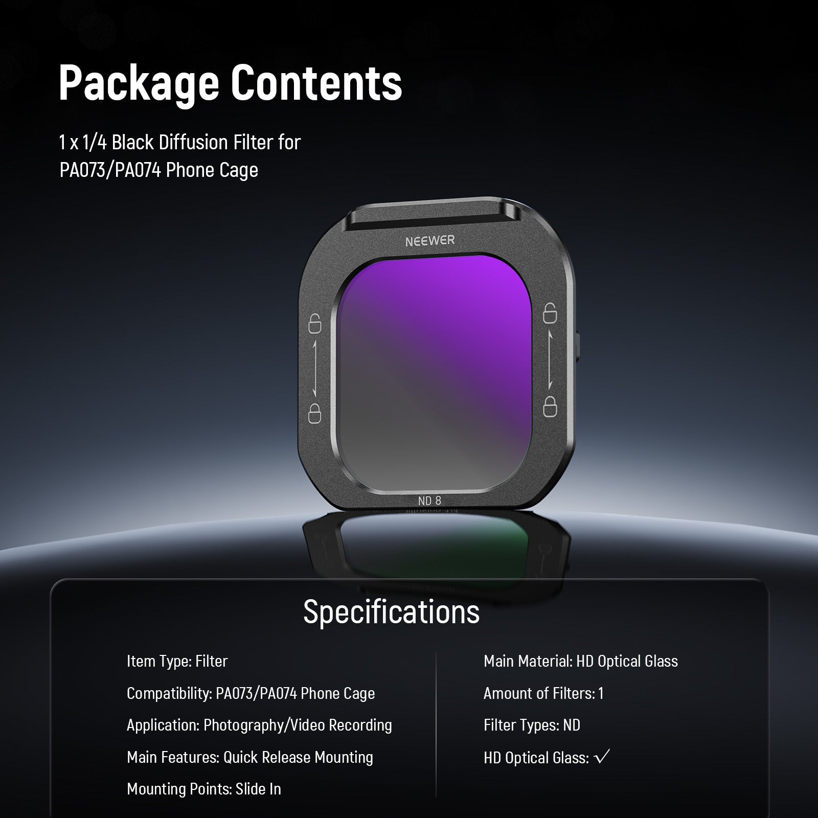 Package Contents of the NEEWER ND Filter for PA073/PA074 Phone Cage