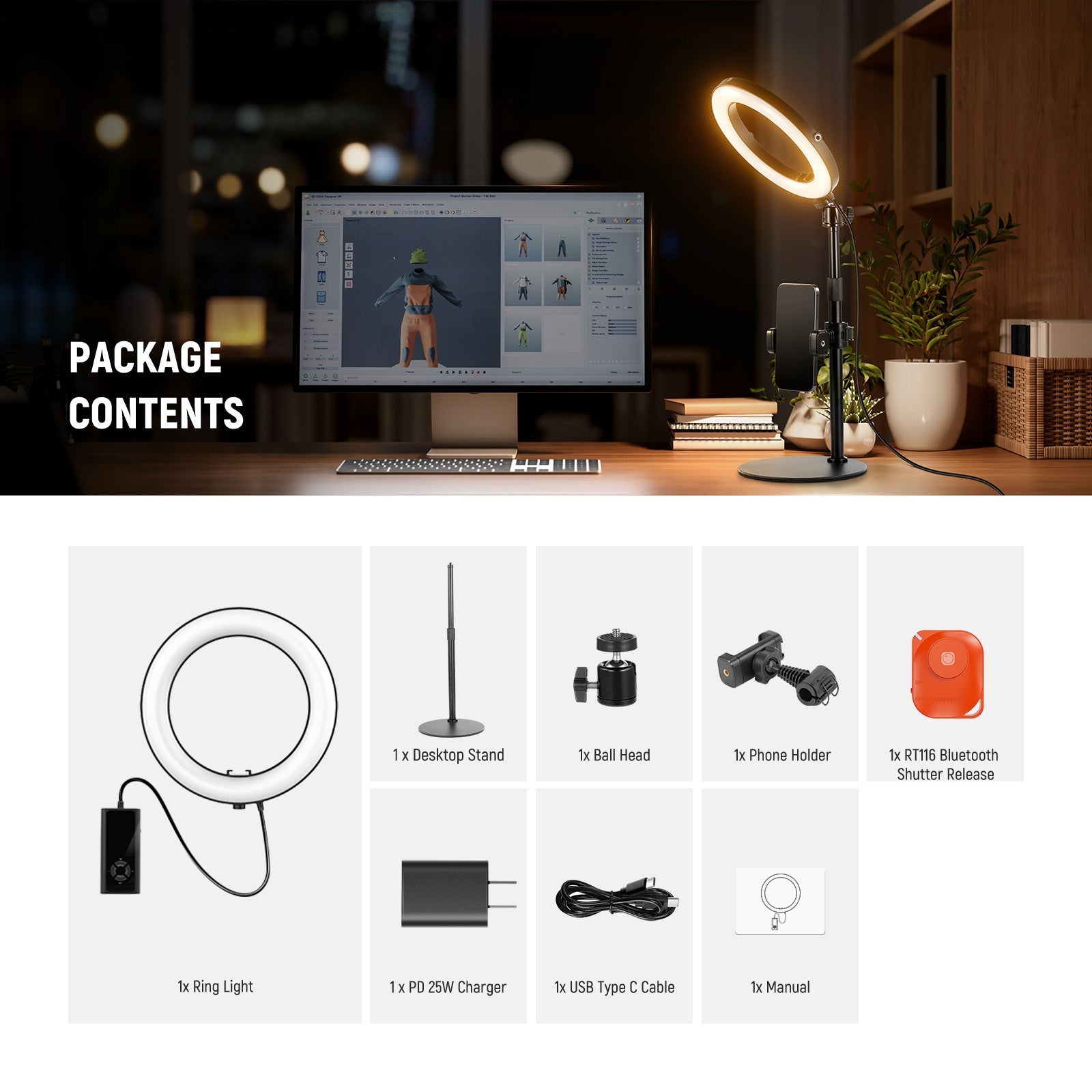 Package Contents of the NEEWER RH12B High Power Desk Ring Light Kit