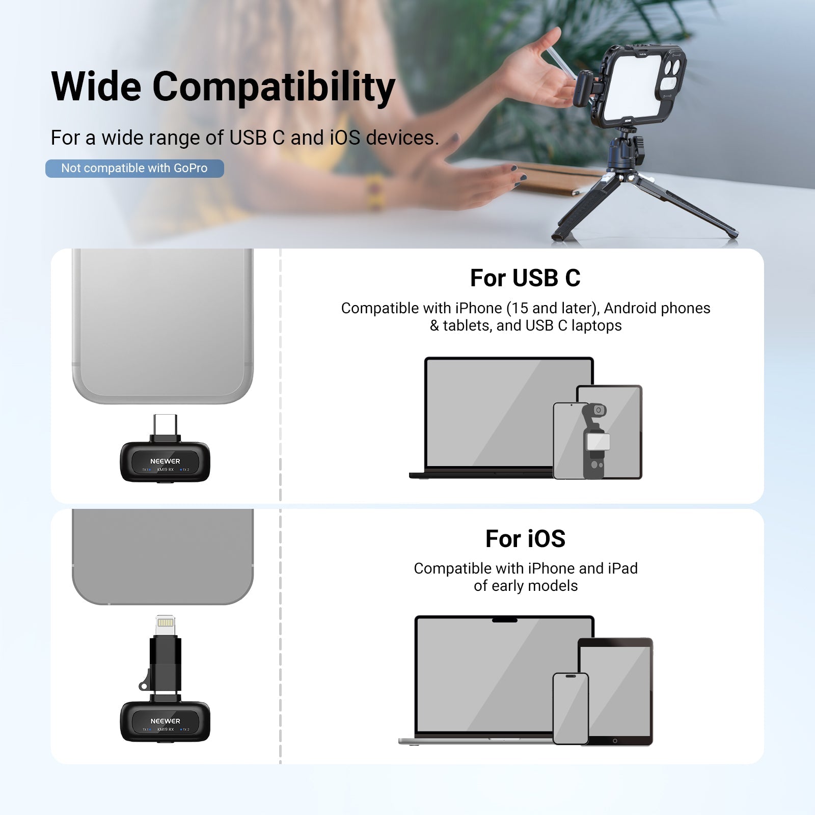 NEEWER KM19 Mini Clip On Wireless Lavalier Microphone is compatible with a wide range of USB C and iOS devices.