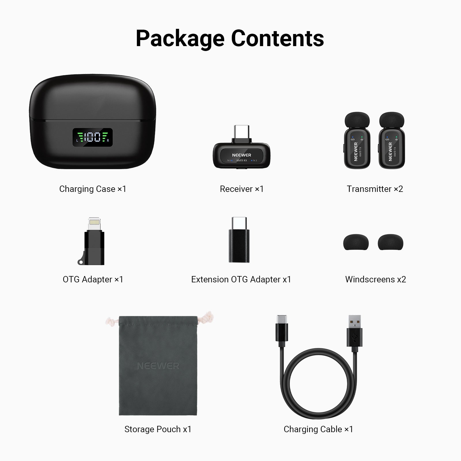This package includes a charging case, a receiver, two transmitters, two windscreens, and more.