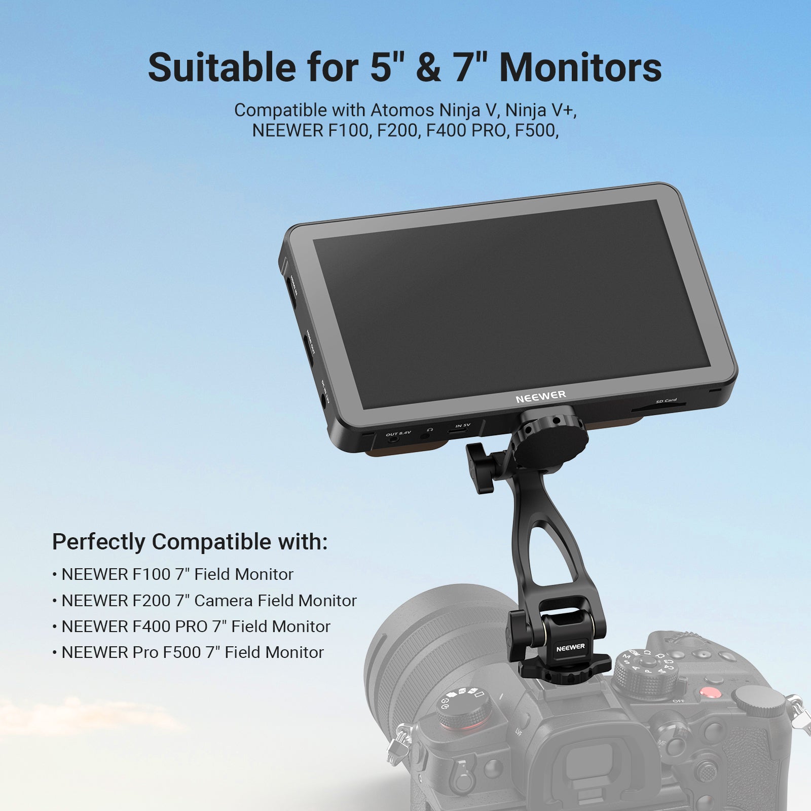 The field monitor mounted on DSLR camera with adjustable NEEWER MA023 camera monitor mount.