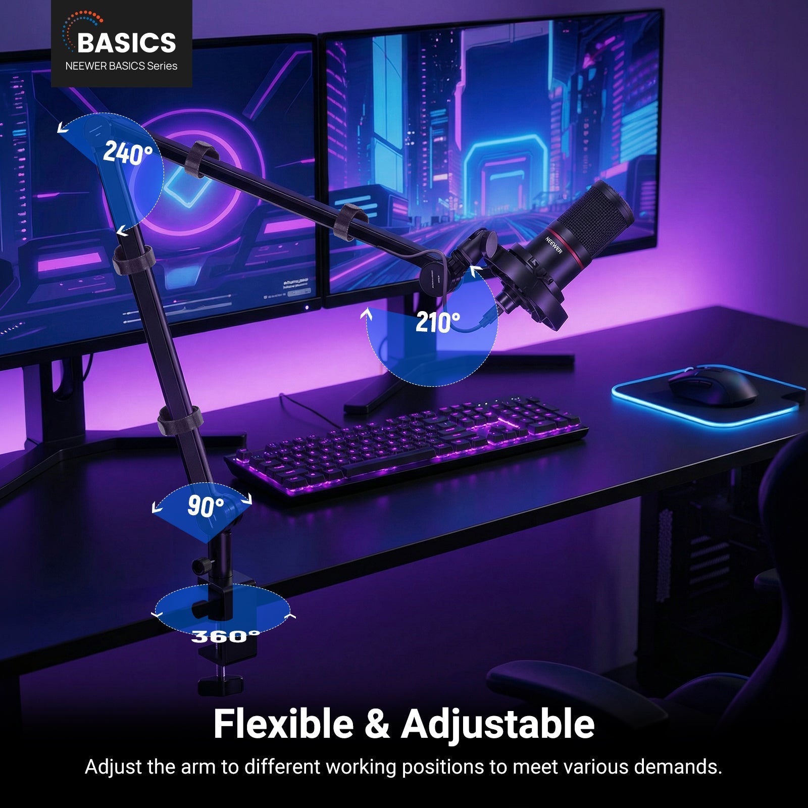 The NEEWER BASICS MS050 Flexible Microphone Boom Arm is designed with 360° rotation at the base, 90° tilt at the joint, 240° swing of the main arm, and 210° adjustment at the microphone mount, allowing for flexible positioning.