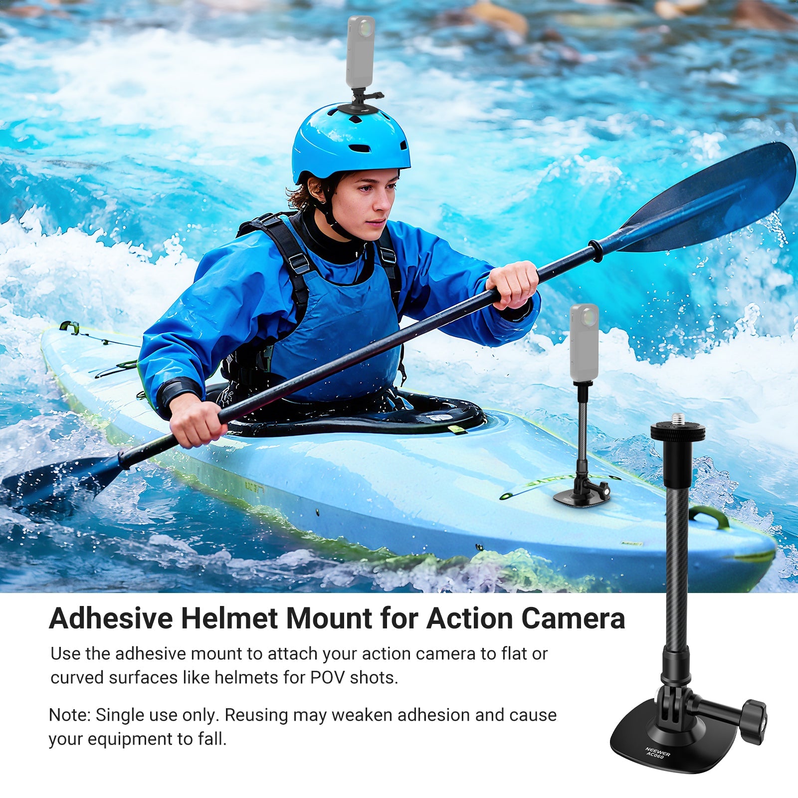 Use the adhesive mount to attach your action camera to flat or curved surfaces like helmets for POV shots.