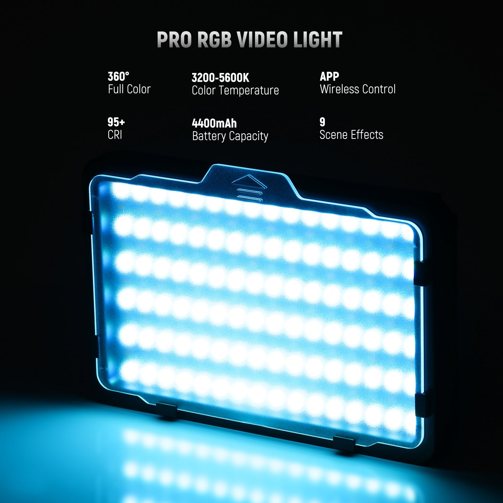 This LED camera panel fill light supports a full 360° color range (H), 0-100% saturation, and stepless dimming from 0-100%.