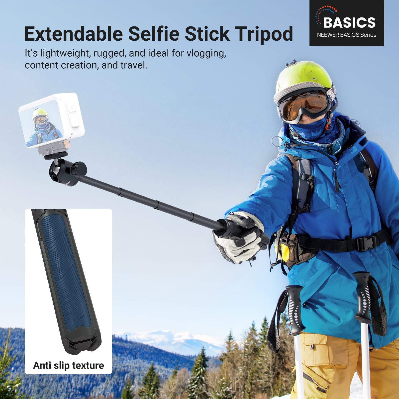 When hiking in the mountains, the NEEWER DT001 All-in-One Extendable Selfie Stick Tripod can help you capture the moment.