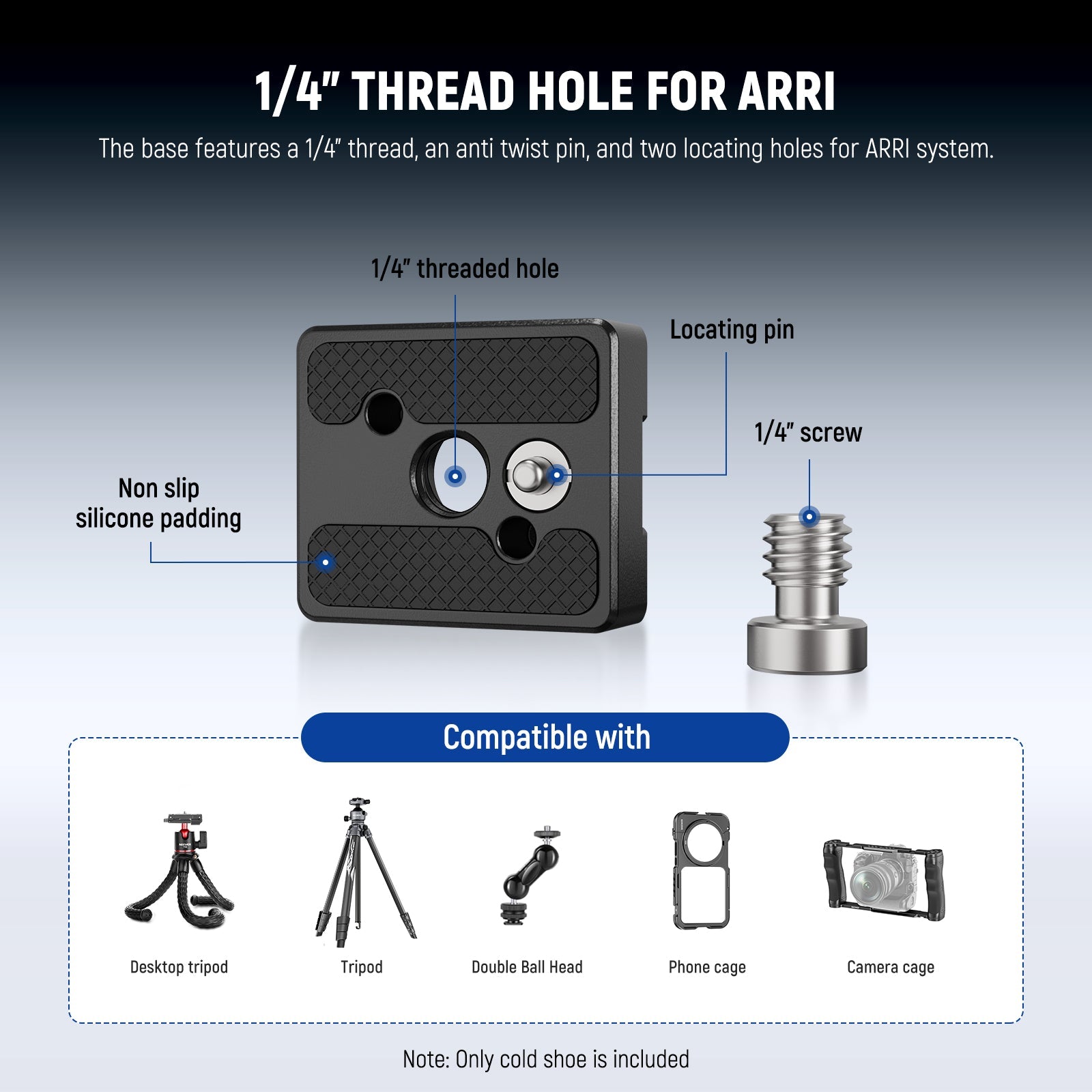The base features a 1/4" thread, an anti twist pin, and two locating holes for ARRI system