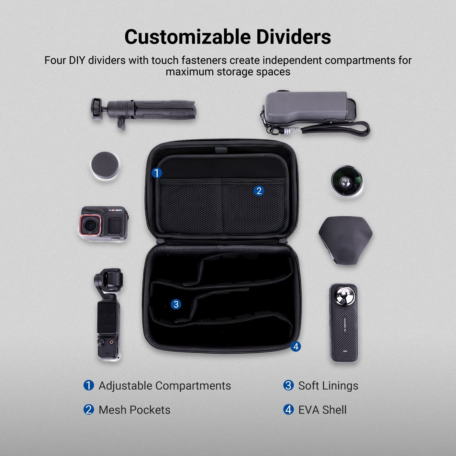 Four DIY dividers with touch fasteners create independent compartments for maximum storage spaces