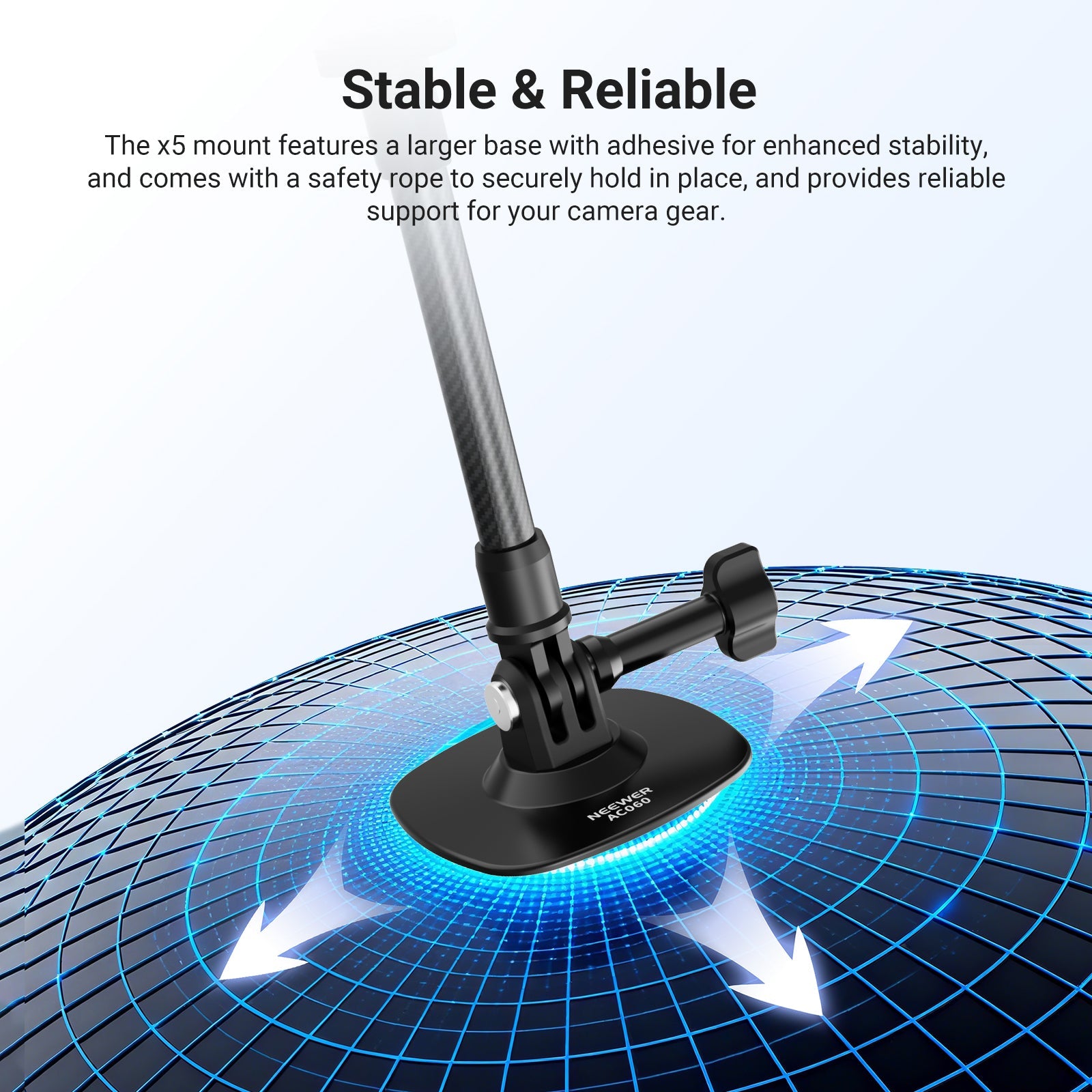 The x5 mount features a larger base with adhesive for enhanced stability and comes with a safety rope to securely hold in place.