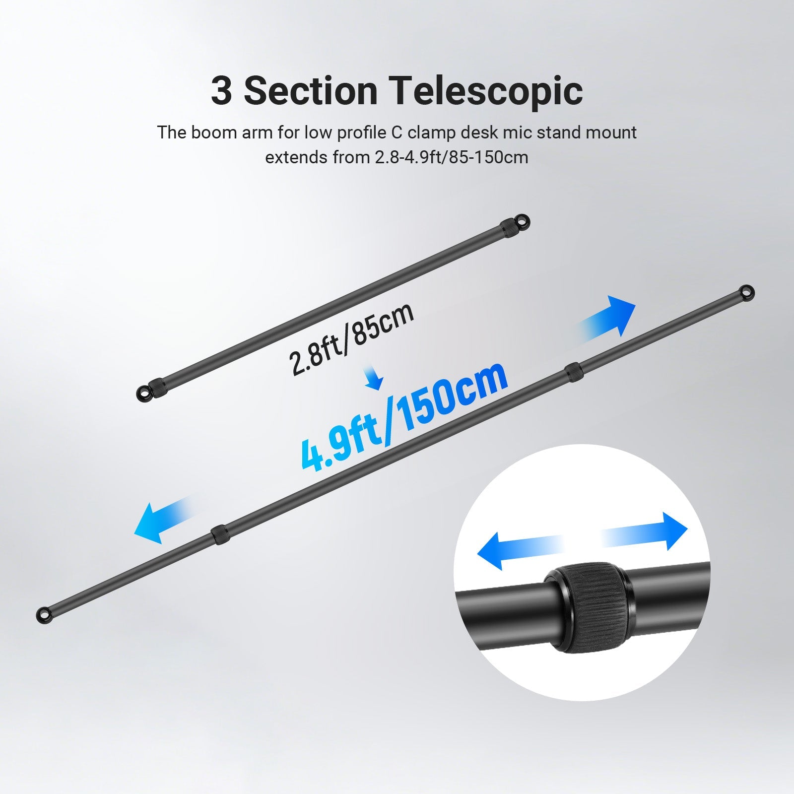 NEEWER NK009 Horizontal Boom Arm for Overhead Desk Mount can extend from 85 to 150cm.