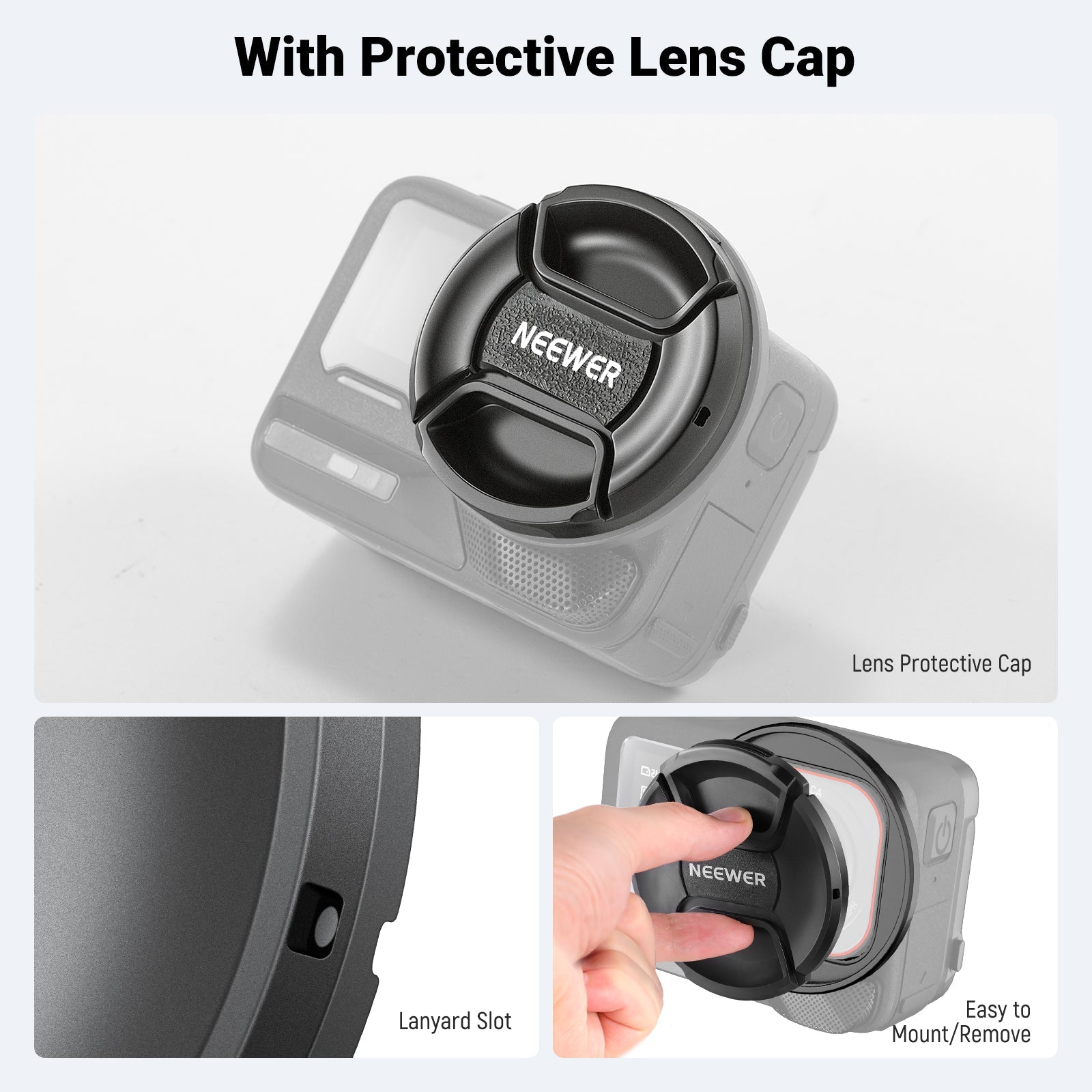 Includes a lens cap to protect the camera lens and filter from scratches, dust, and minor impacts