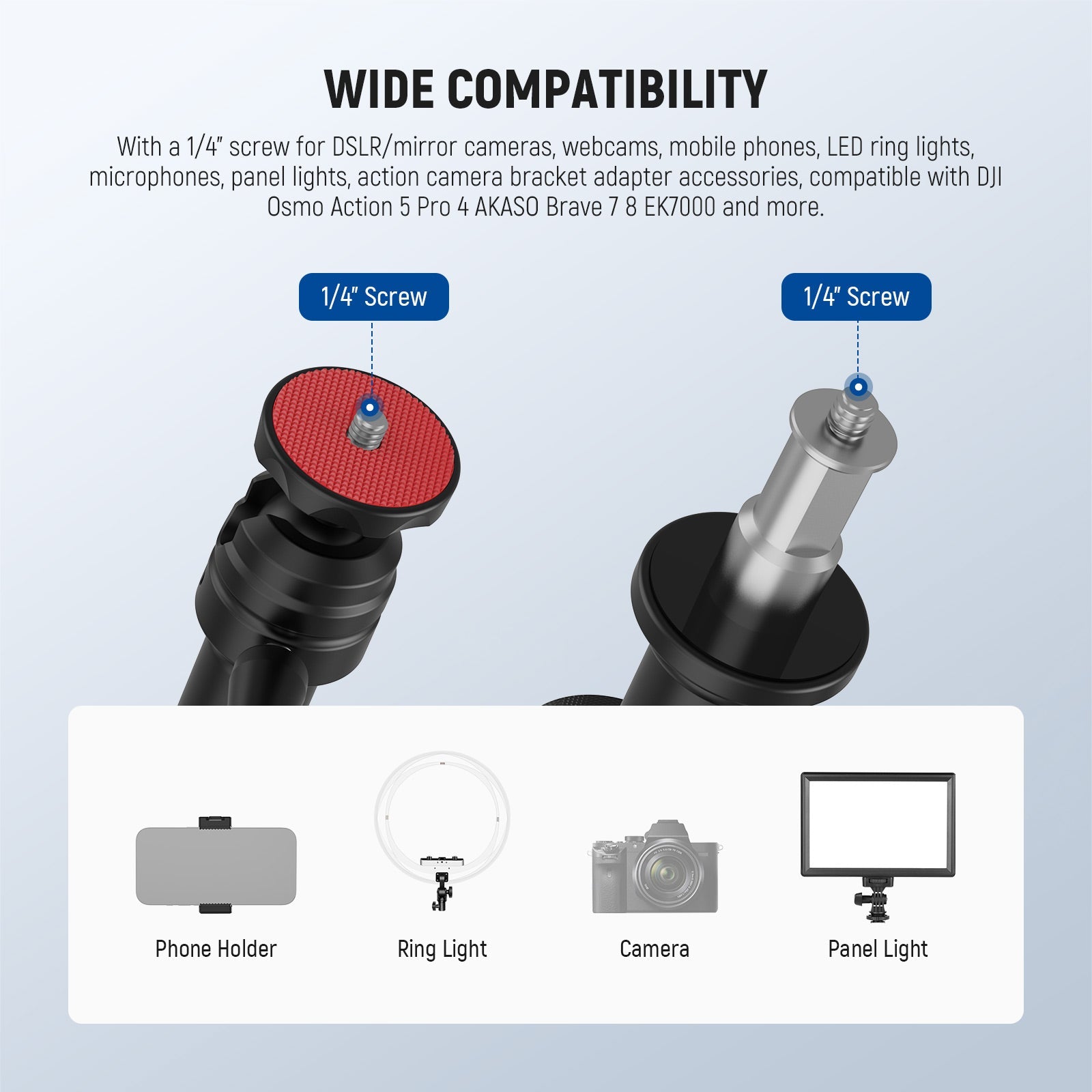 Besides 1/4" threads, the DS024 desktop stand includes a phone holder with a cold shoe.