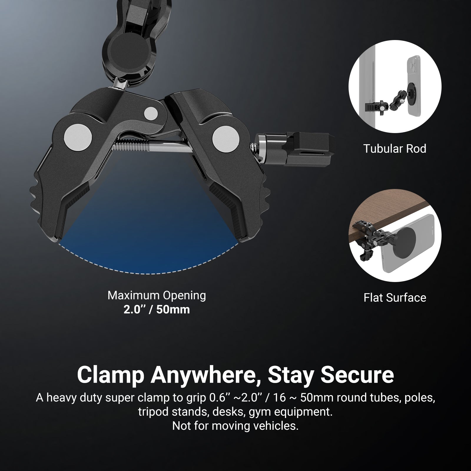 A heavy duty super clamp to grip 16 -50mm round tubes, poles, tripod stands, desks, and gym equipment.