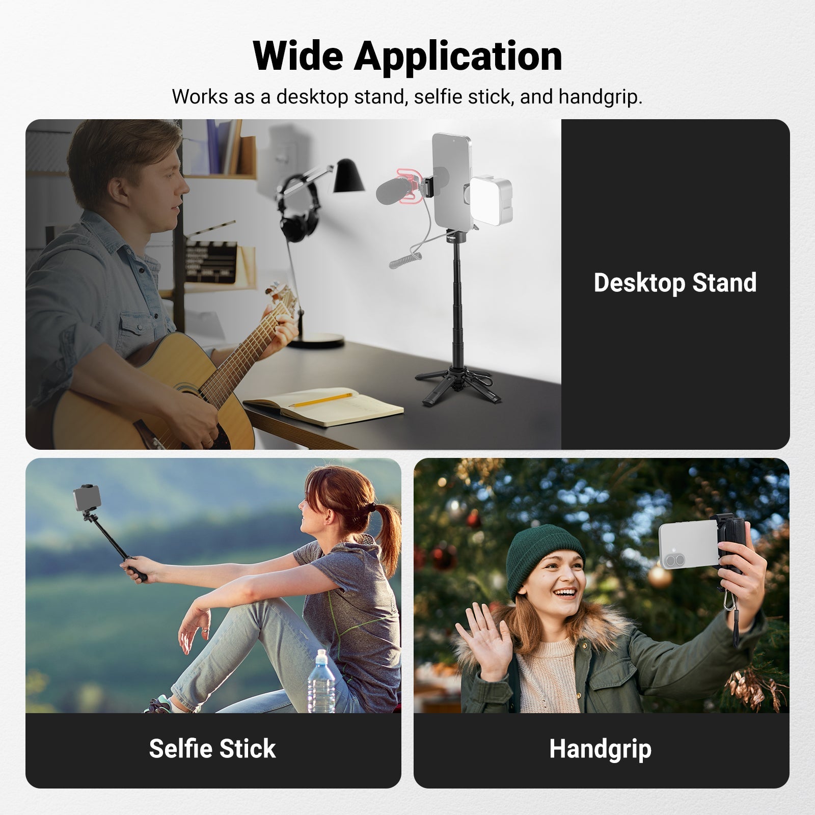 NEEWER BASICS PA986 works as a desktop stand, selfie stick, and handgrip.