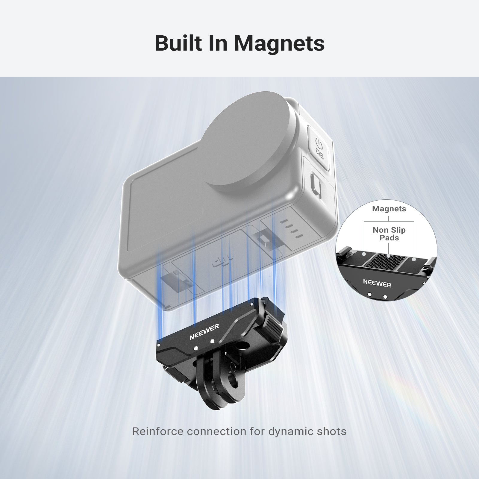 Strong magnets keep the camera in place during extreme outdoor sports.