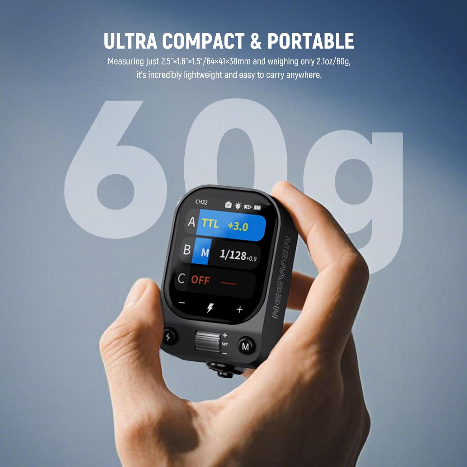 NEEWER QZ-C TTL Wireless Flash Trigger Transmitter for Canon is ultra compact and portable.