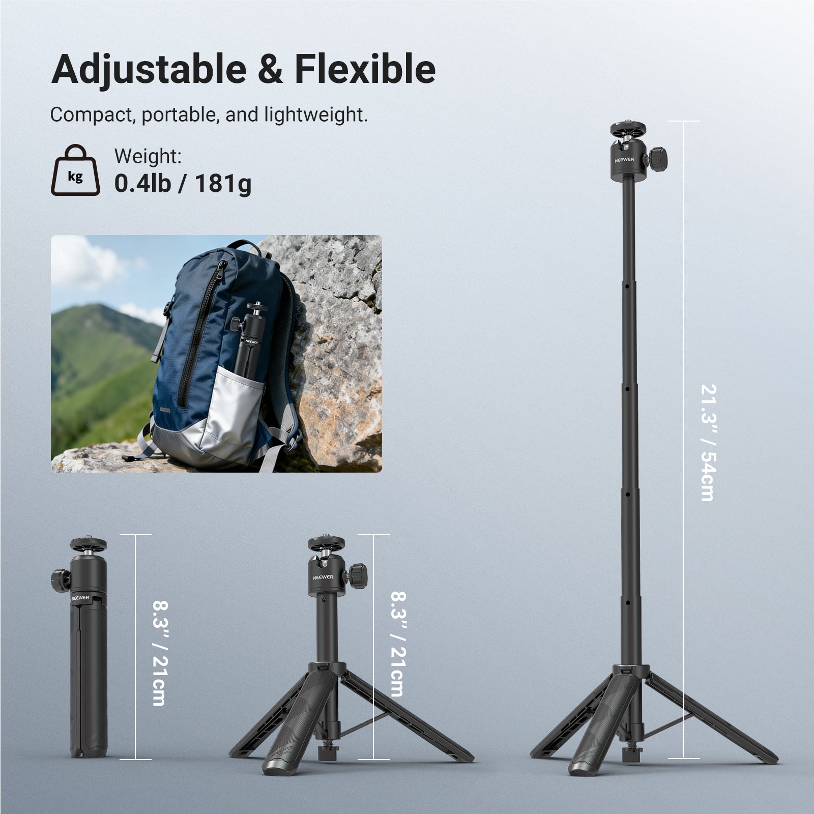 NEEWER DT001 All in One Extendable Selfie Stick Tripod can be adjusted from 21cm to 54cm.