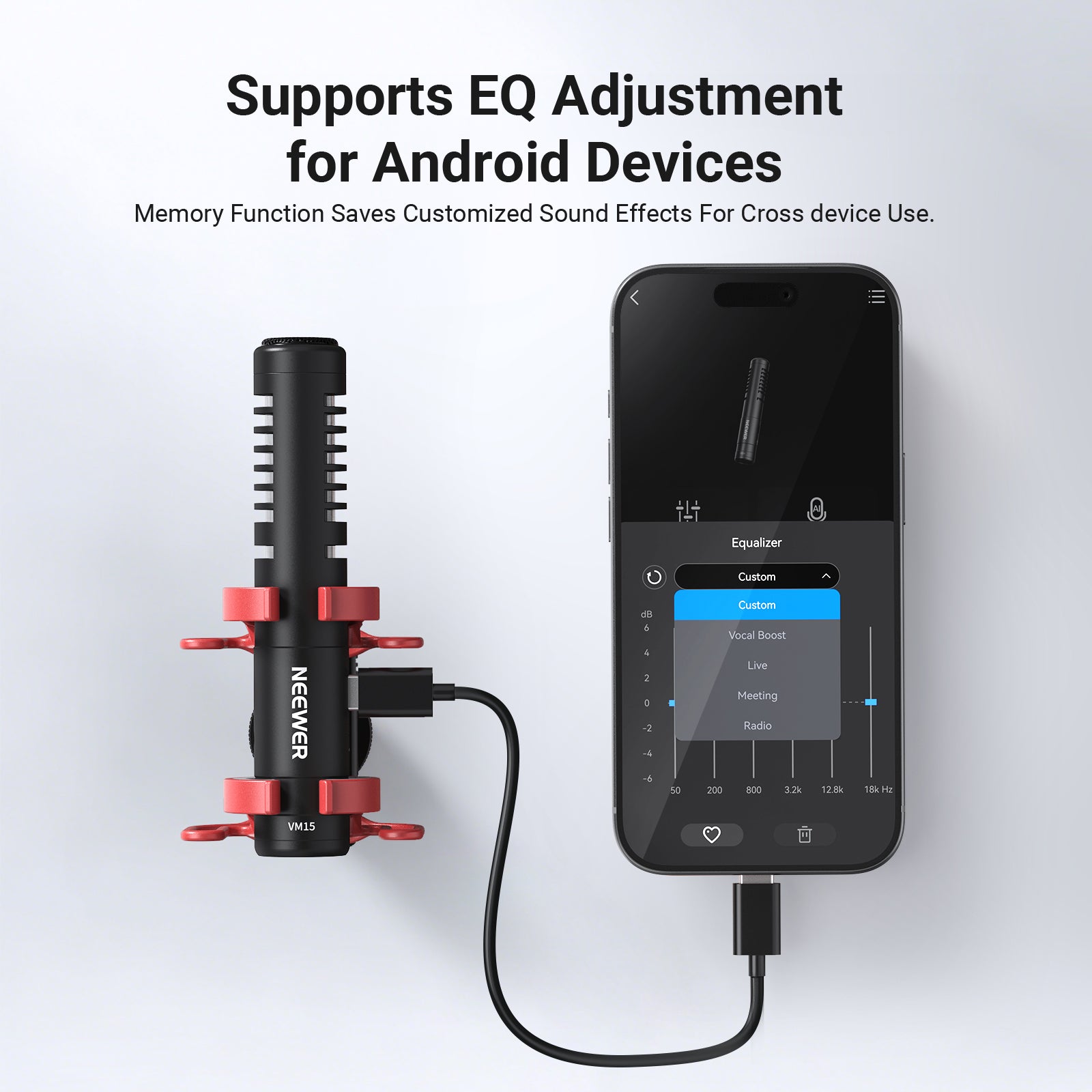 NEEWER VM15 Plug & Play Mic supports EQ adjustment for Android devices.
