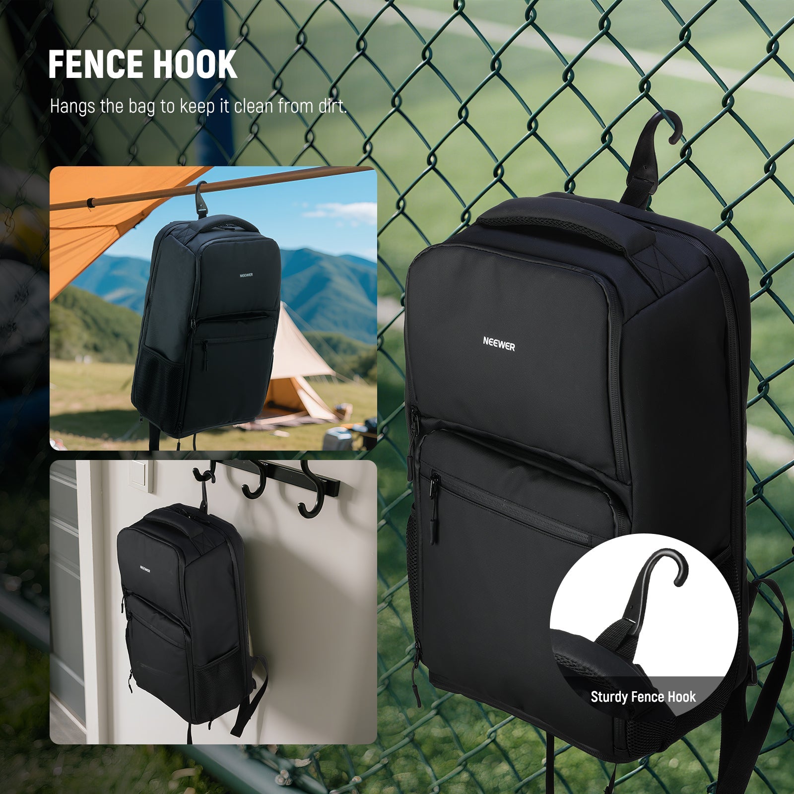 The NEEWER PB01B Pickleball Backpack can be hung up with a fence hook.