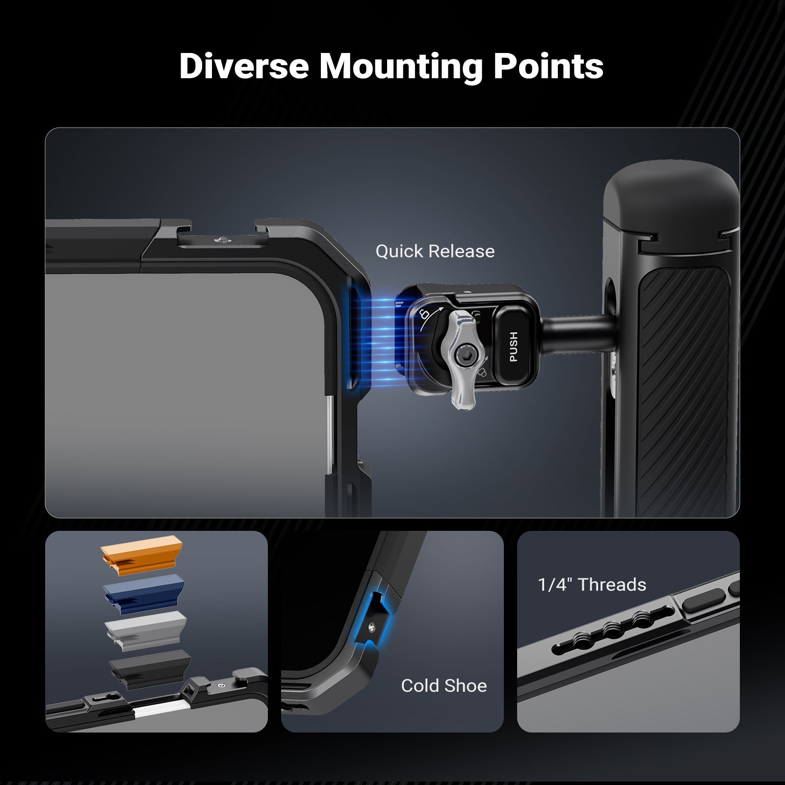 This cage compatible with iPhone 17 Pro/Pro Max features 1/4" threads and cold shoe mounts.