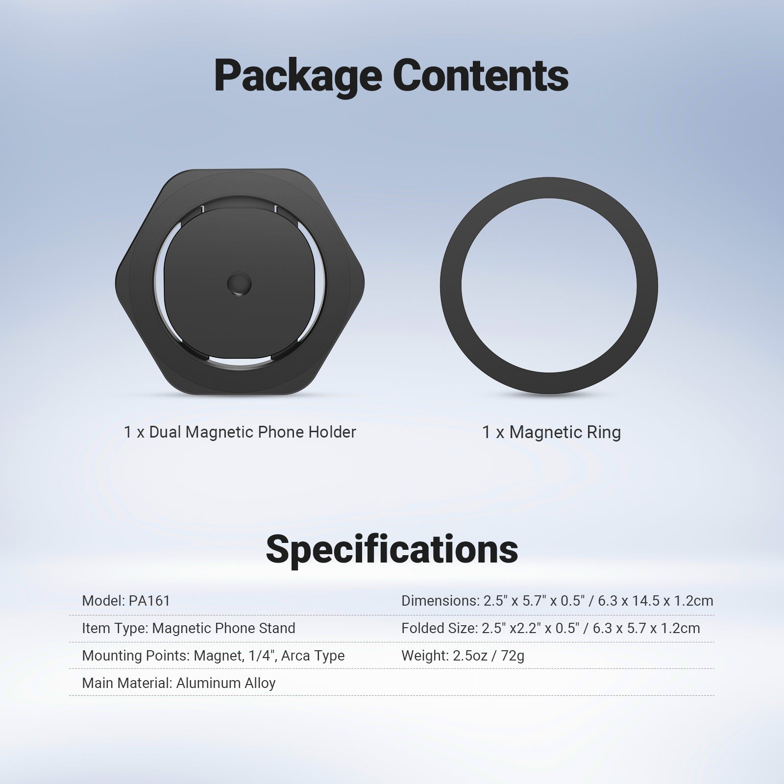 The package includes a dual-magnetic phone holder and a magnetic ring.