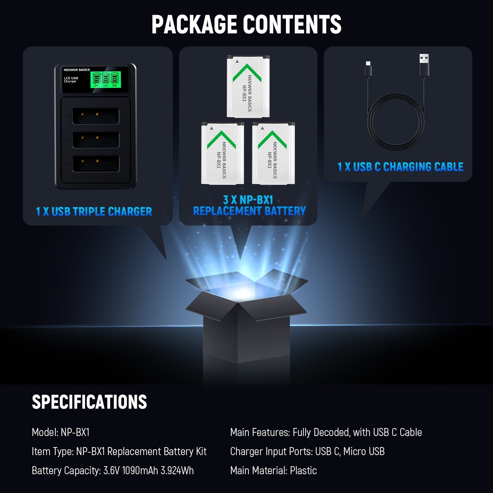 Package Contents of the NEEWER BASICS NP-BX1 Replacement Battery Kit