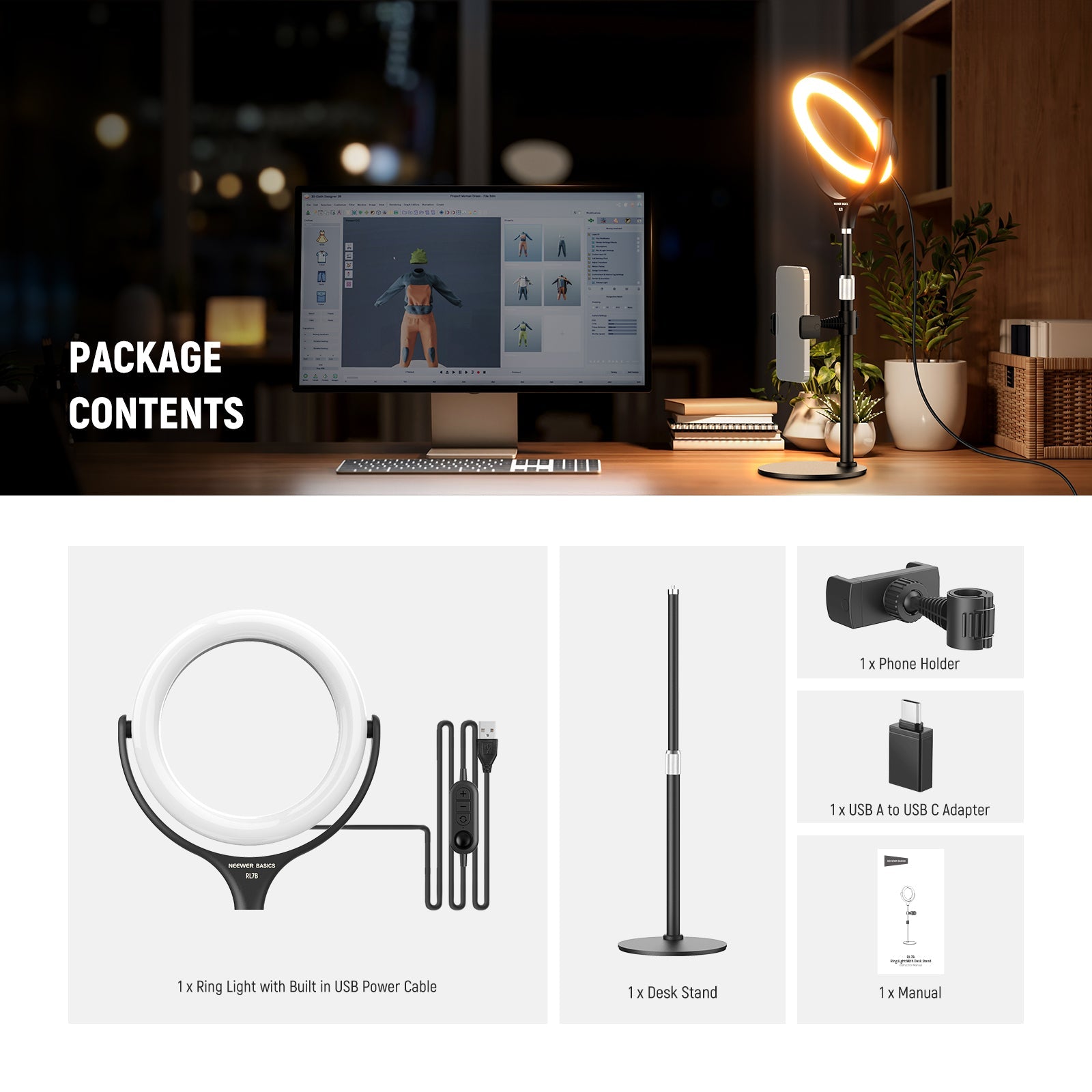 This package includes an RL7B ring light, a desk stand, and a phone holder.