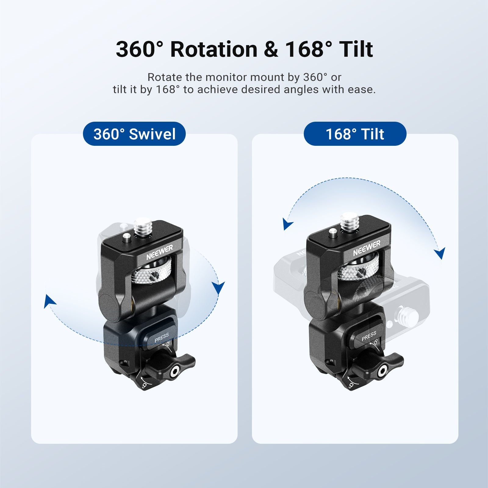 Rotate the monitor mount by 360° or tilt it by 168° to achieve desired angles with ease