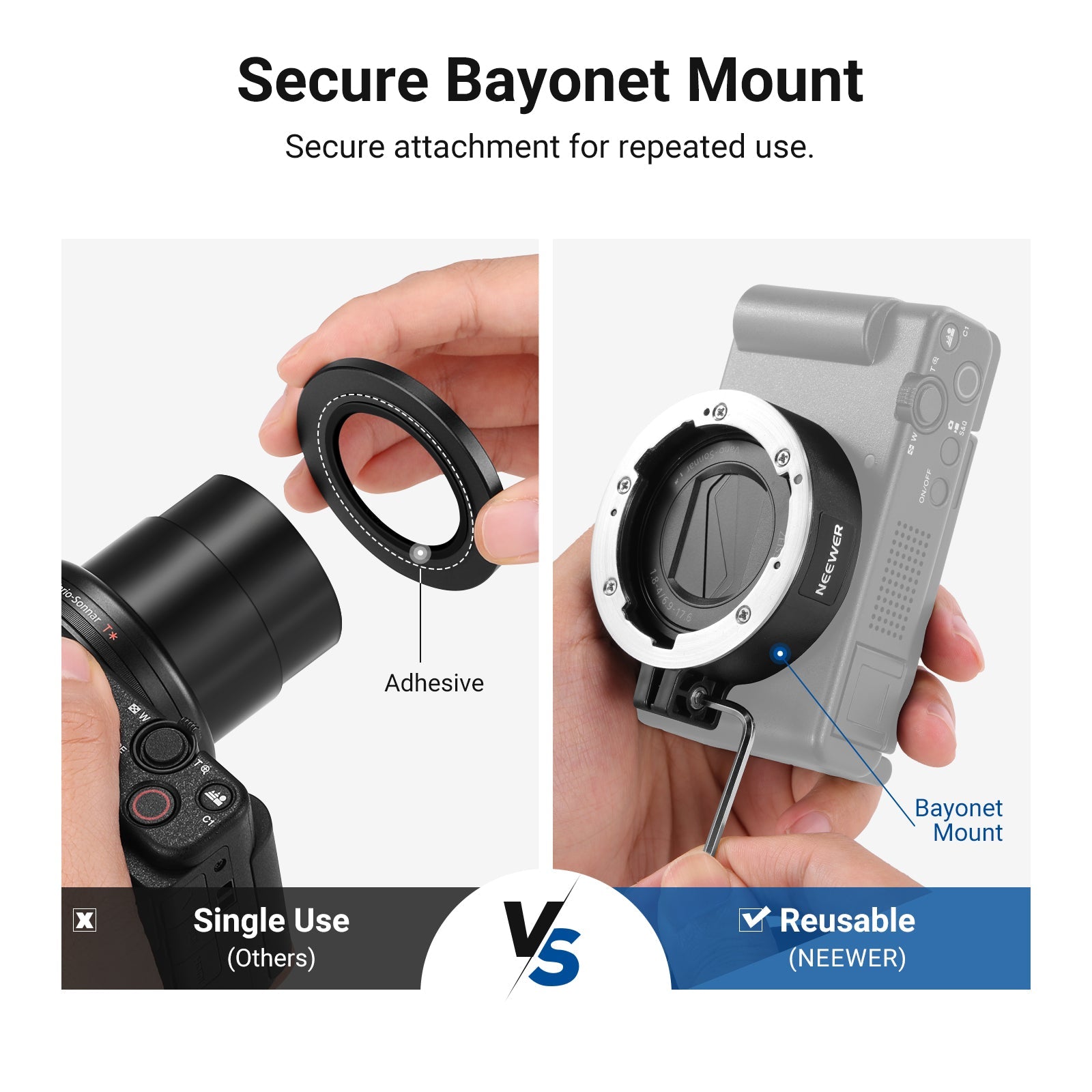 Attach the bayonet mount to the camera and tighten it with the hex key.