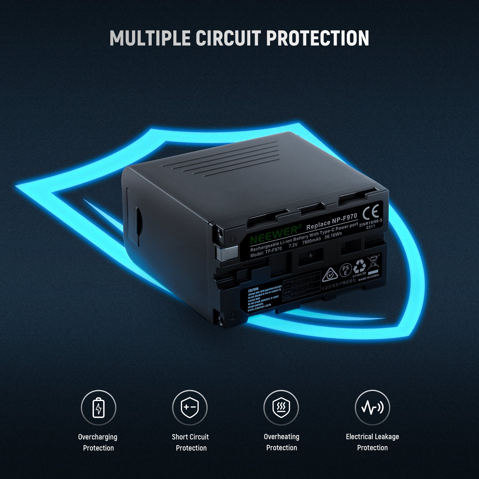 NEEWER TP-970 rechargeable lithium battery features multiple circuit protection