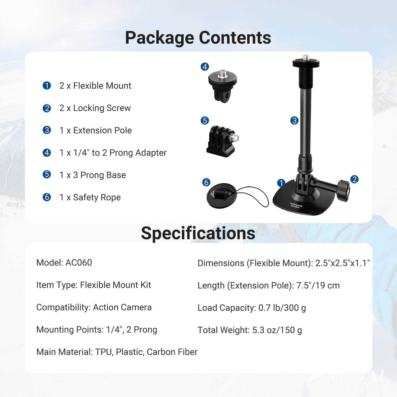 This package includes two flexible mounts, two locking screws, an extension pole, and more.
