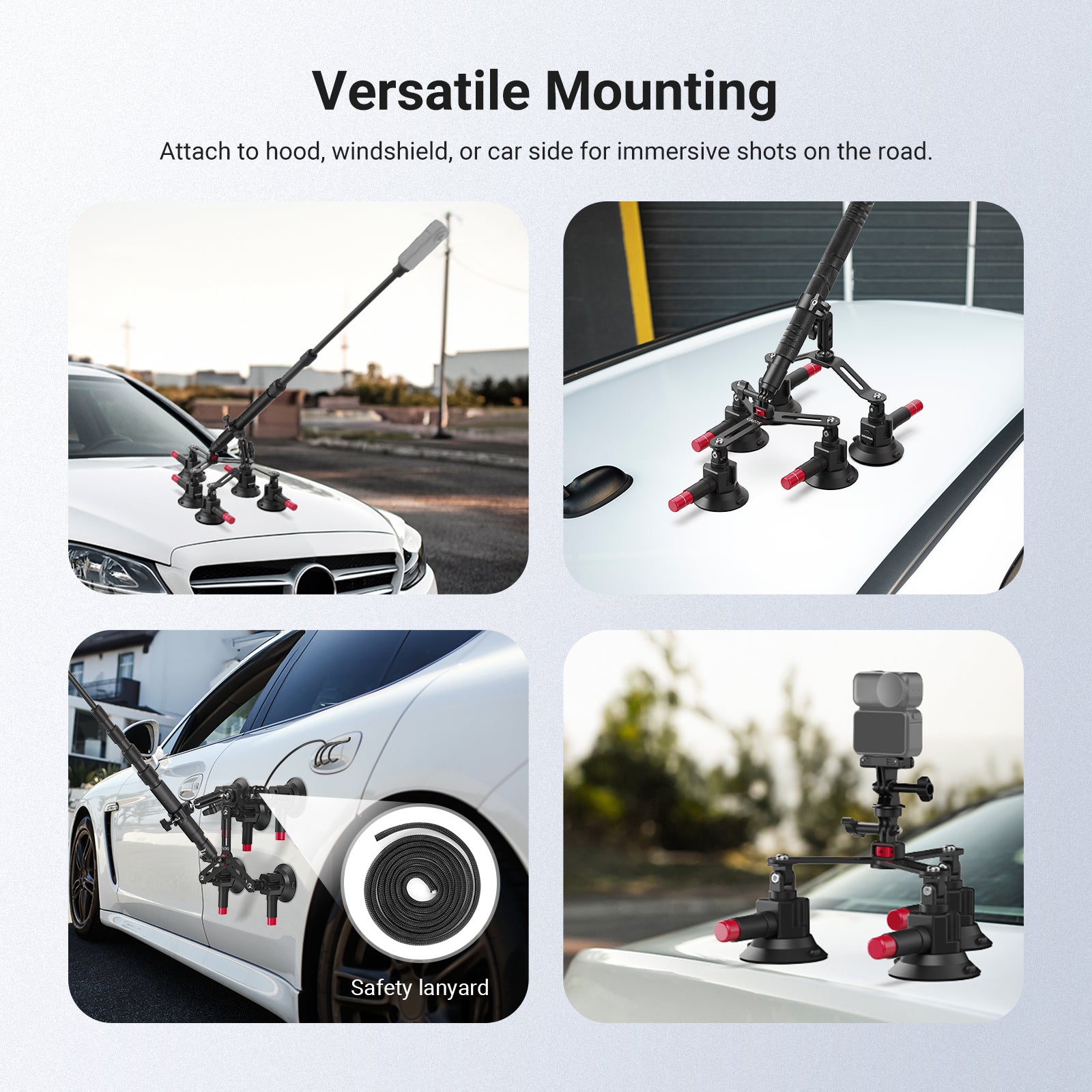 Multi-scene use of suction cup camera mount on car hood, roof, door with safety lanyard, and close-up of suction cups with action camera.