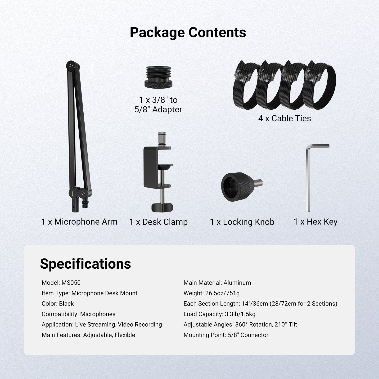 This package includes a mic arm, a desk clamp, a locking knob, an adapter, four cable ties, and a hex key.