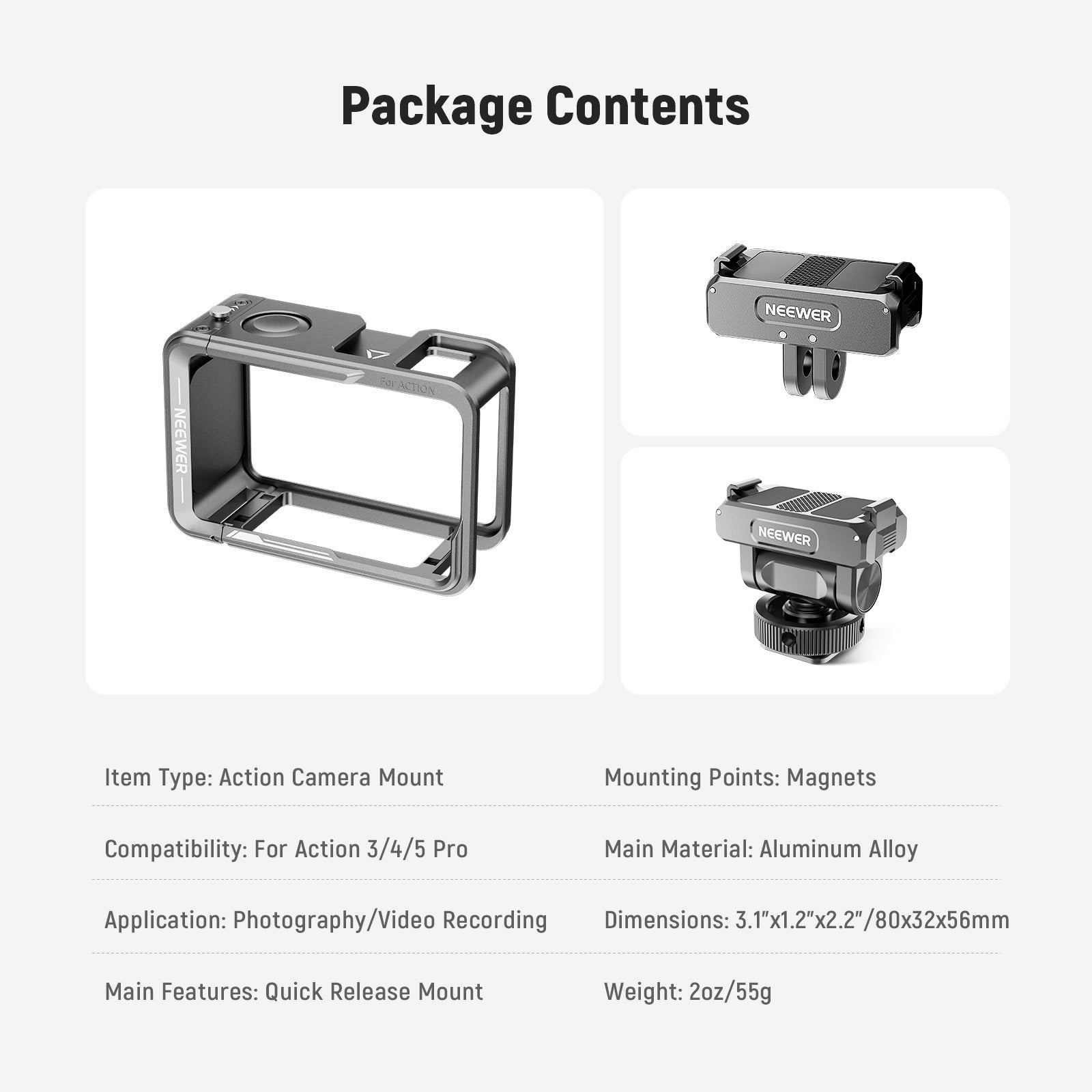 Package Contents of the NEEWER AC011+AC012+ AC014 Action Camera Cage Kit