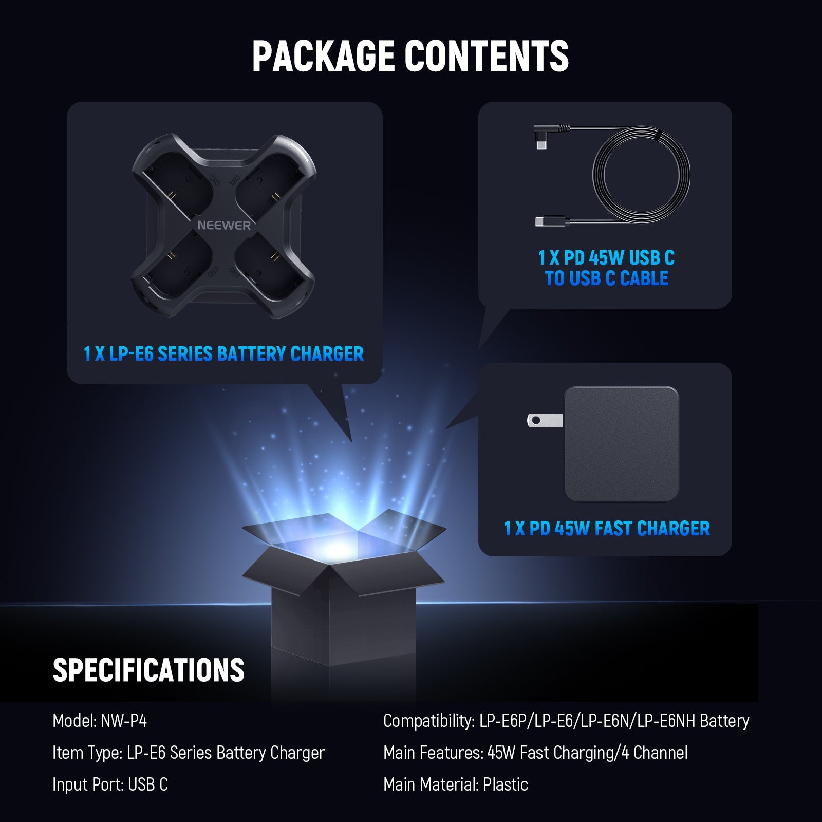 Package Contents of the NEEWER NW-P4 4 Channel USB Camera Battery Charger Kit