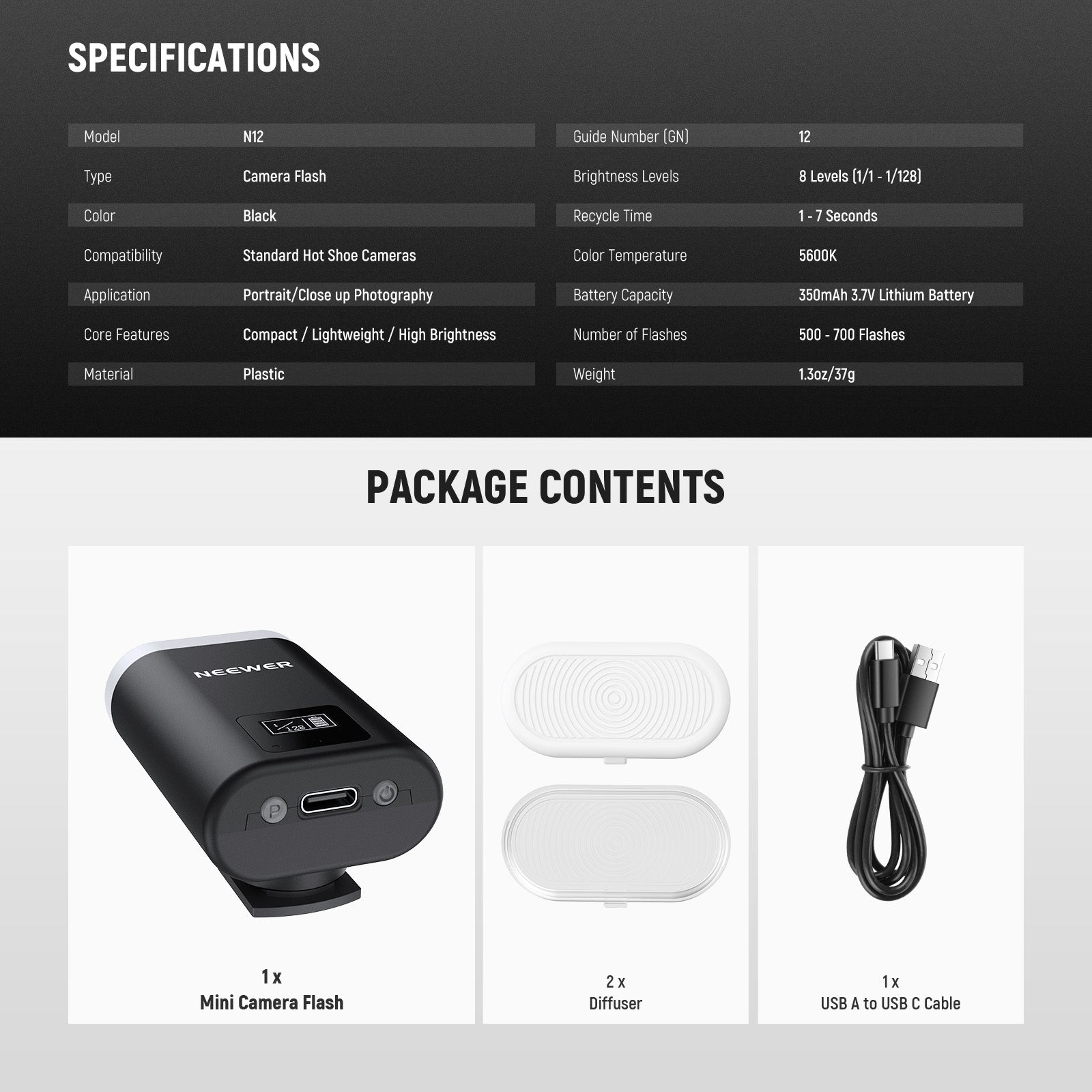 Specifications of the NEEWER BASICS N12 Mini Camera Flash