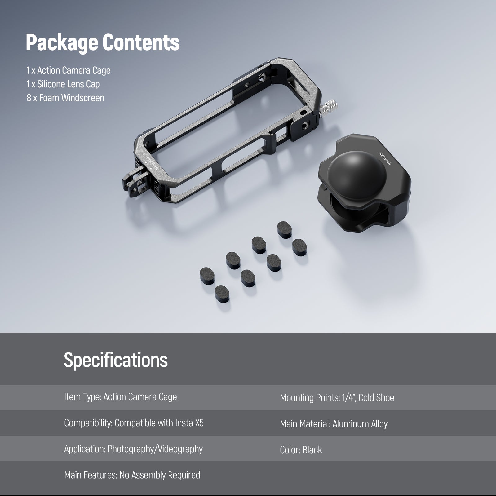 This package includes an action camera cage, a silicone lens cap, and 8 foam windscreens.