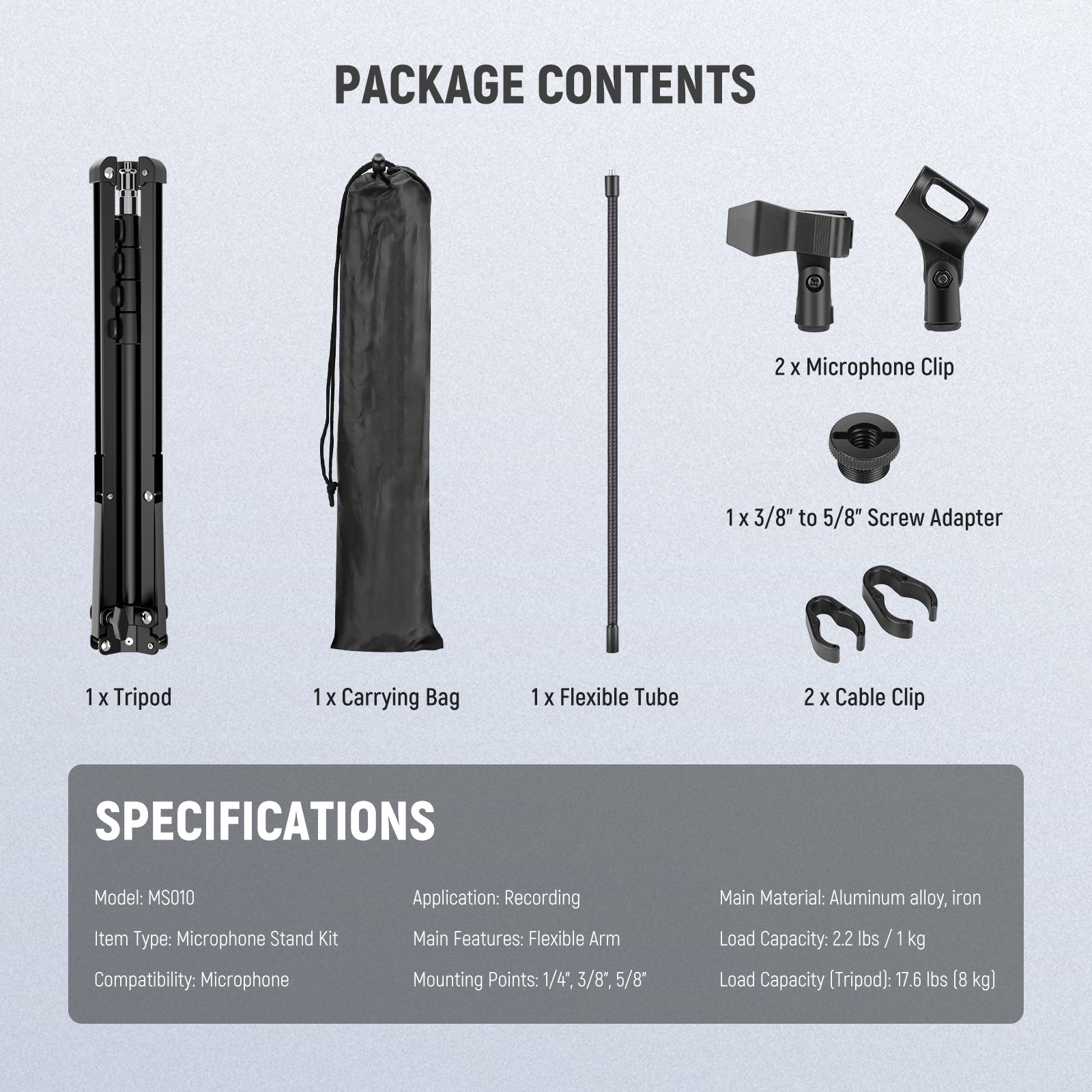 Package Contents of the NEEWER MS010 Versatile Microphone Stand Accessories Kit