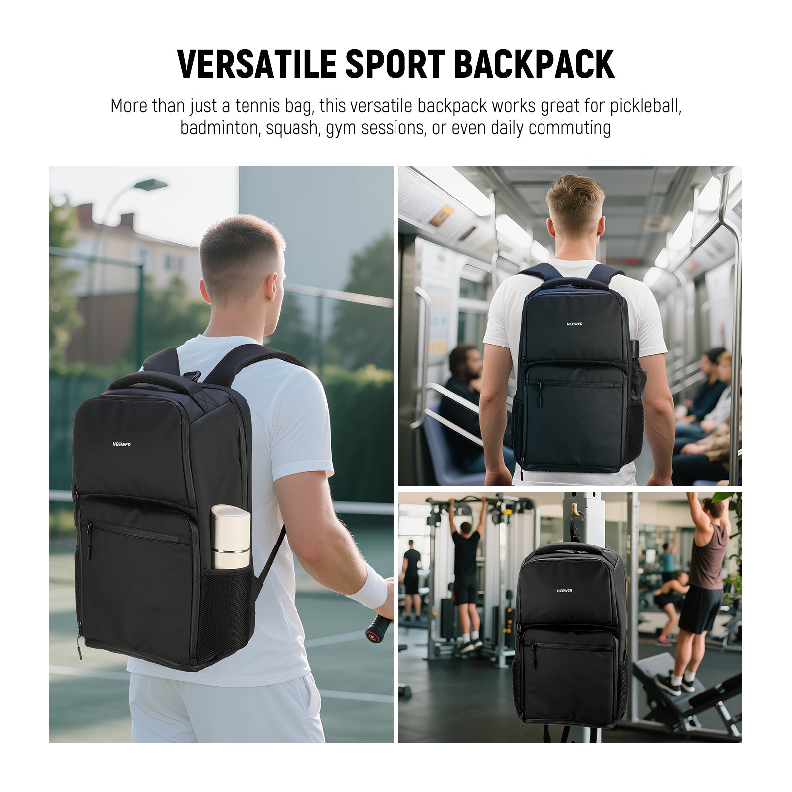A boy wearing a white shirt is carrying a NEEWER PB01B Pickleball Backpack