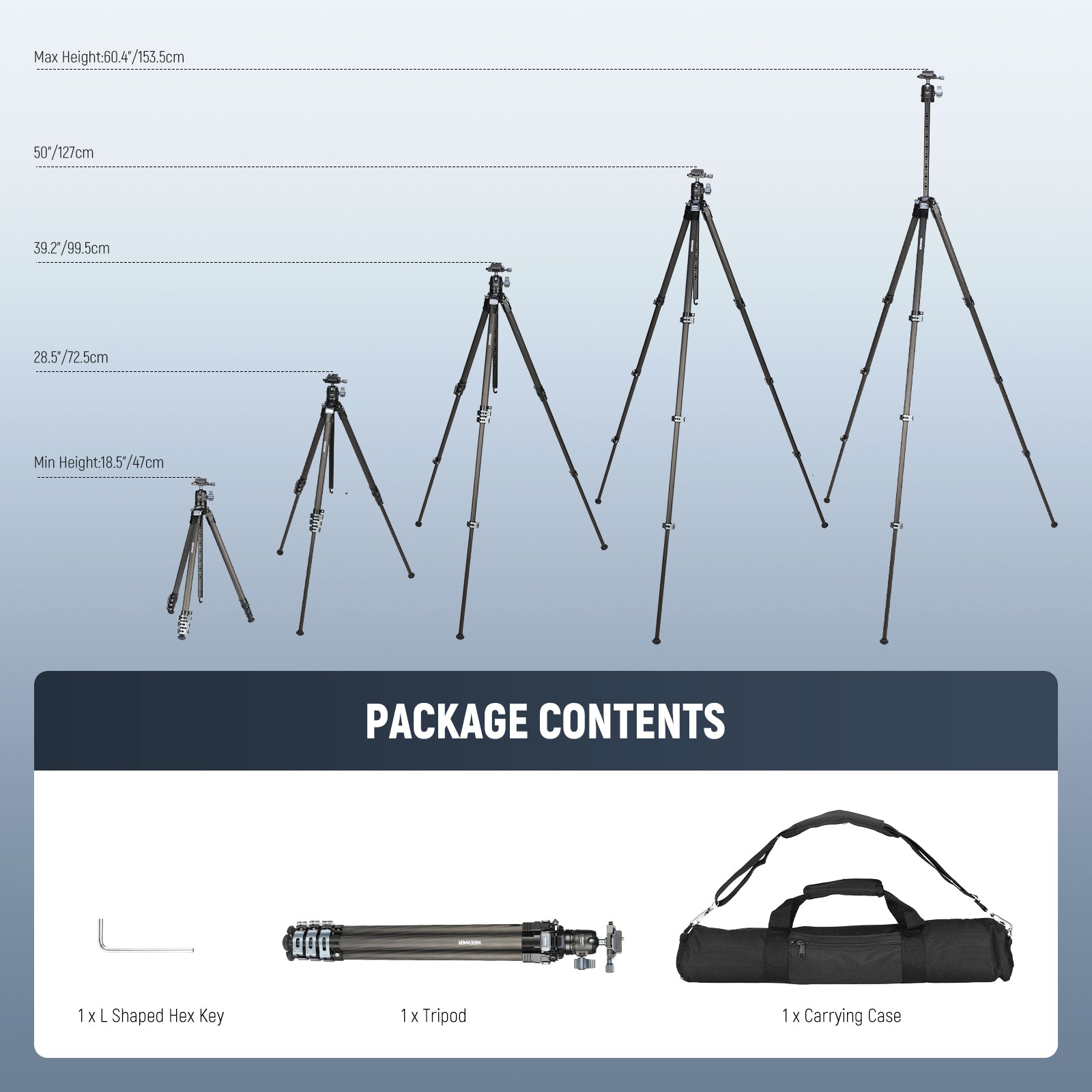 Package Contents of the NEEWER LT36 Carbon Fiber Tripod kit