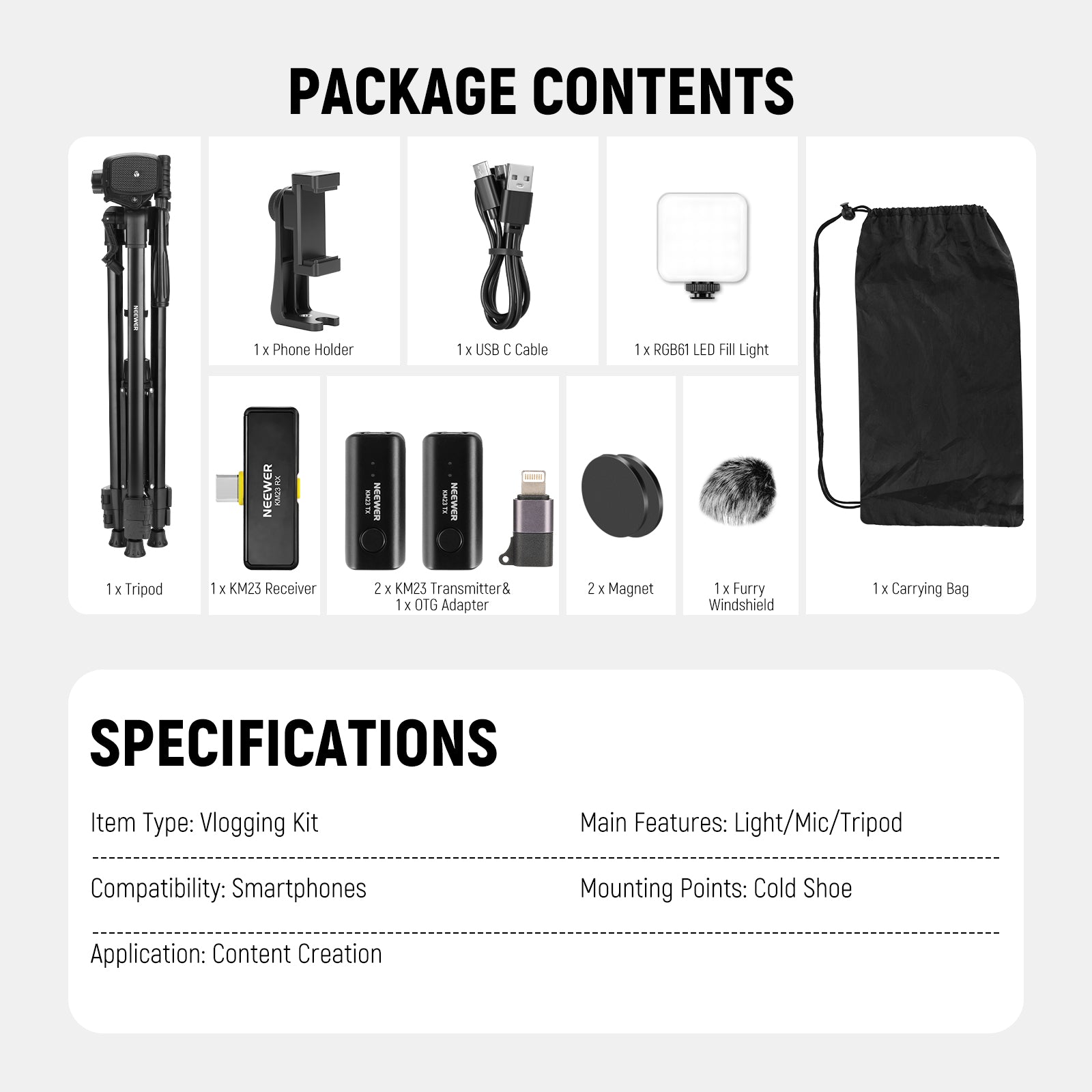 Package Contents of the NEEWER PA056 Vlog Kit For Phone