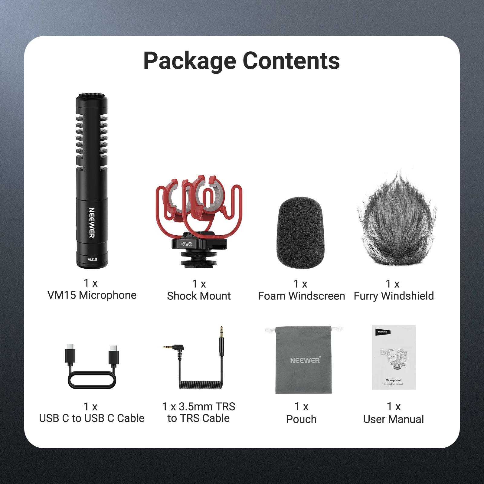 This package includes a NEEWER VM15 Plug & Play Mic, a shock mount, a foam windscreen, and more.