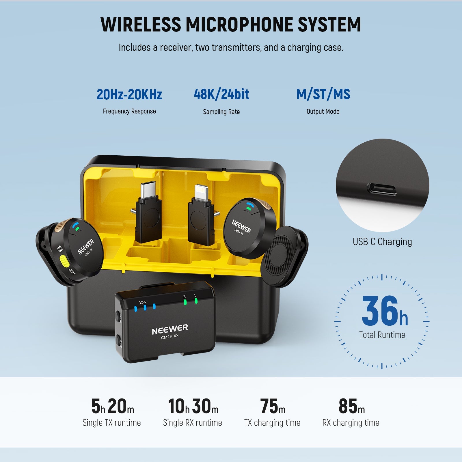 NEEWER CM29 Wireless Lapel Lavalier Microphone System includes 1 receiver, two transmitters, and a charging case.
