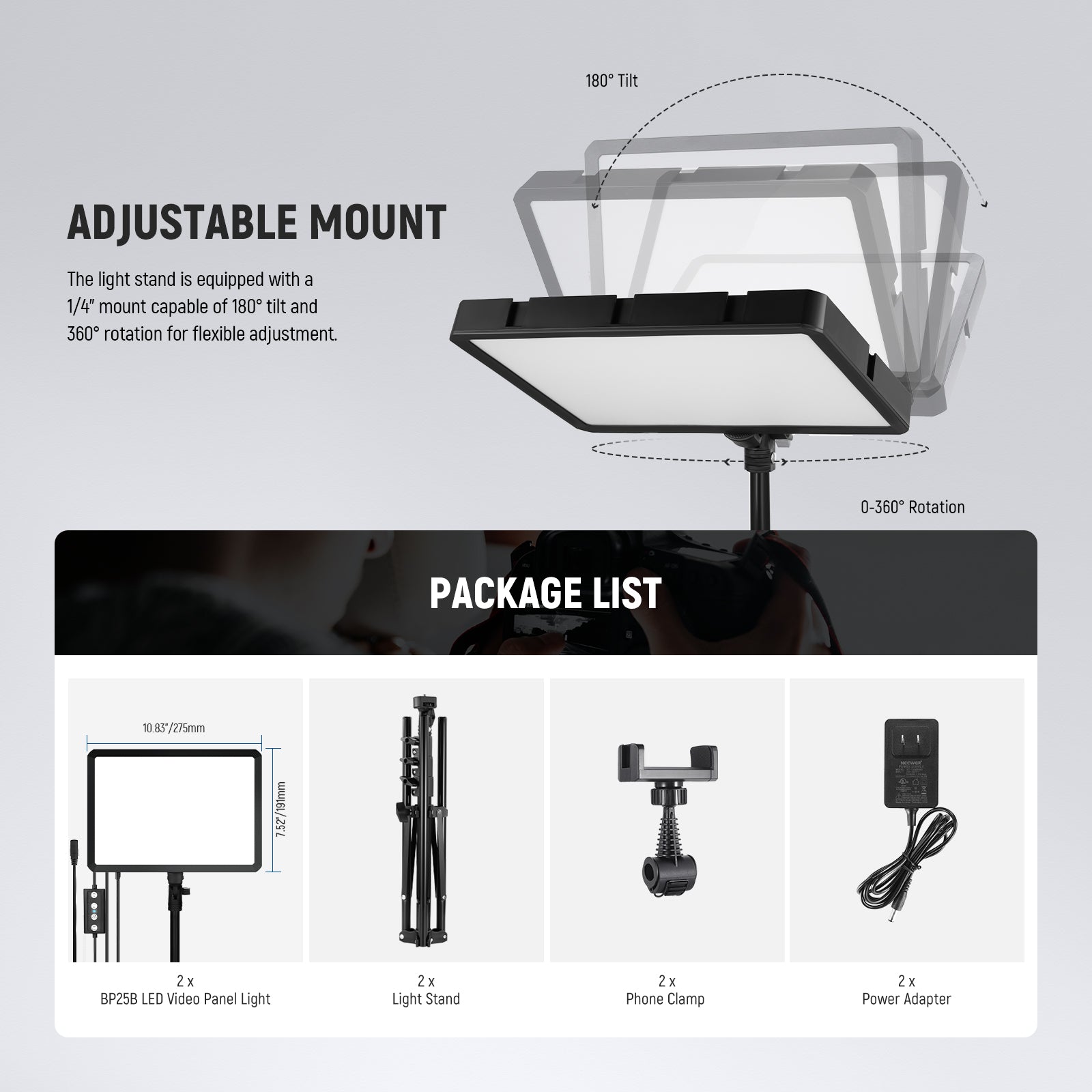 Package Contents of the NEEWER BP25B 2 Pack Bi-Color LED Video Panel Light Kit
