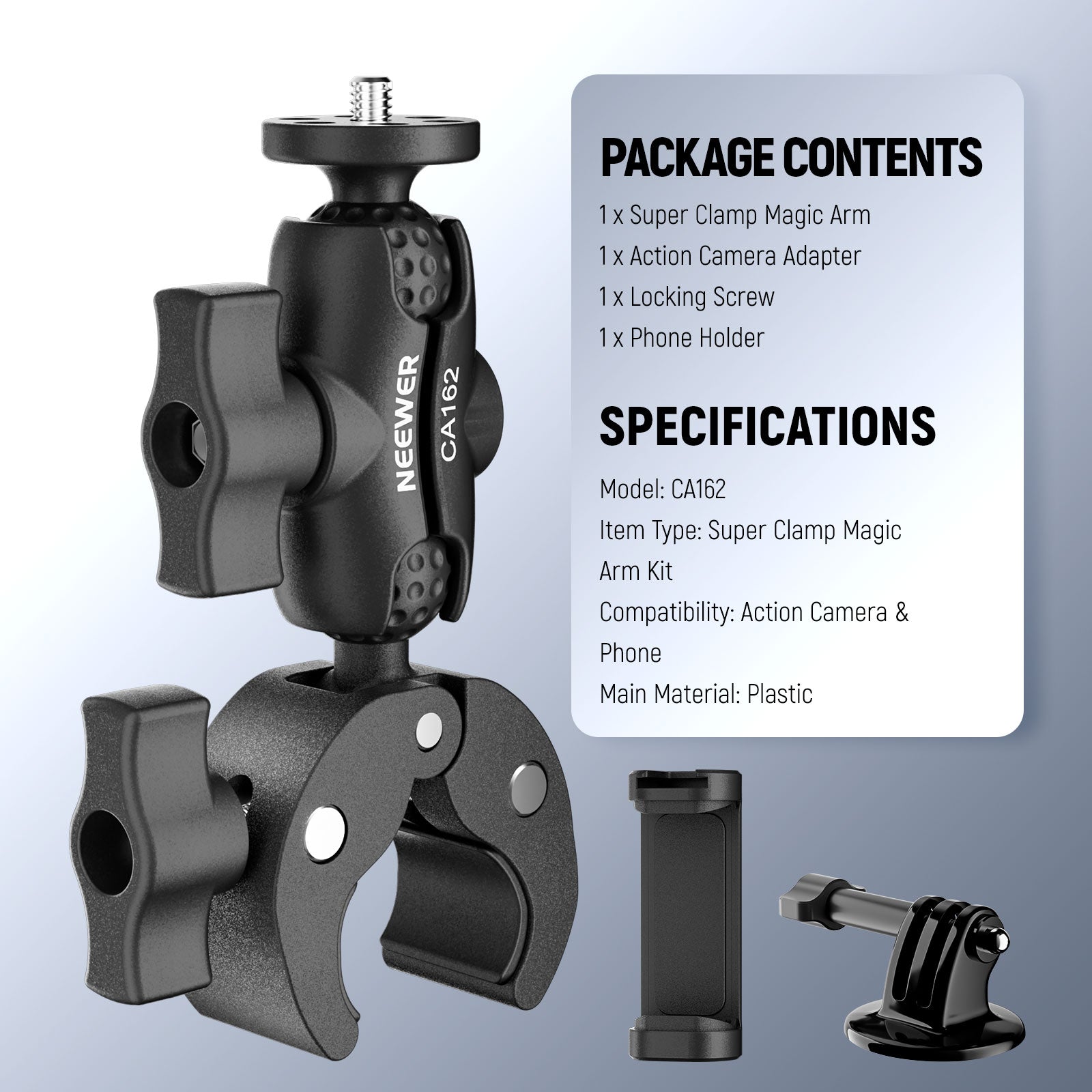 Package Contents of the NEEWER CA162 Super Clamp Action Camera Mount Kit