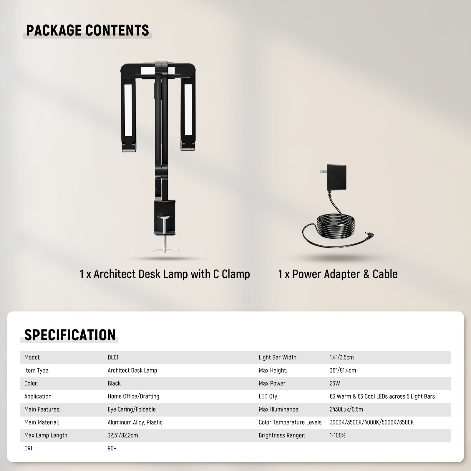 Specifications of the NEEWER DL01 Architect Desk Lamp